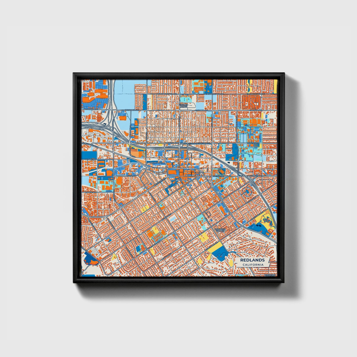 Redlands California Colorful City Map Canvas Print • Black Framed