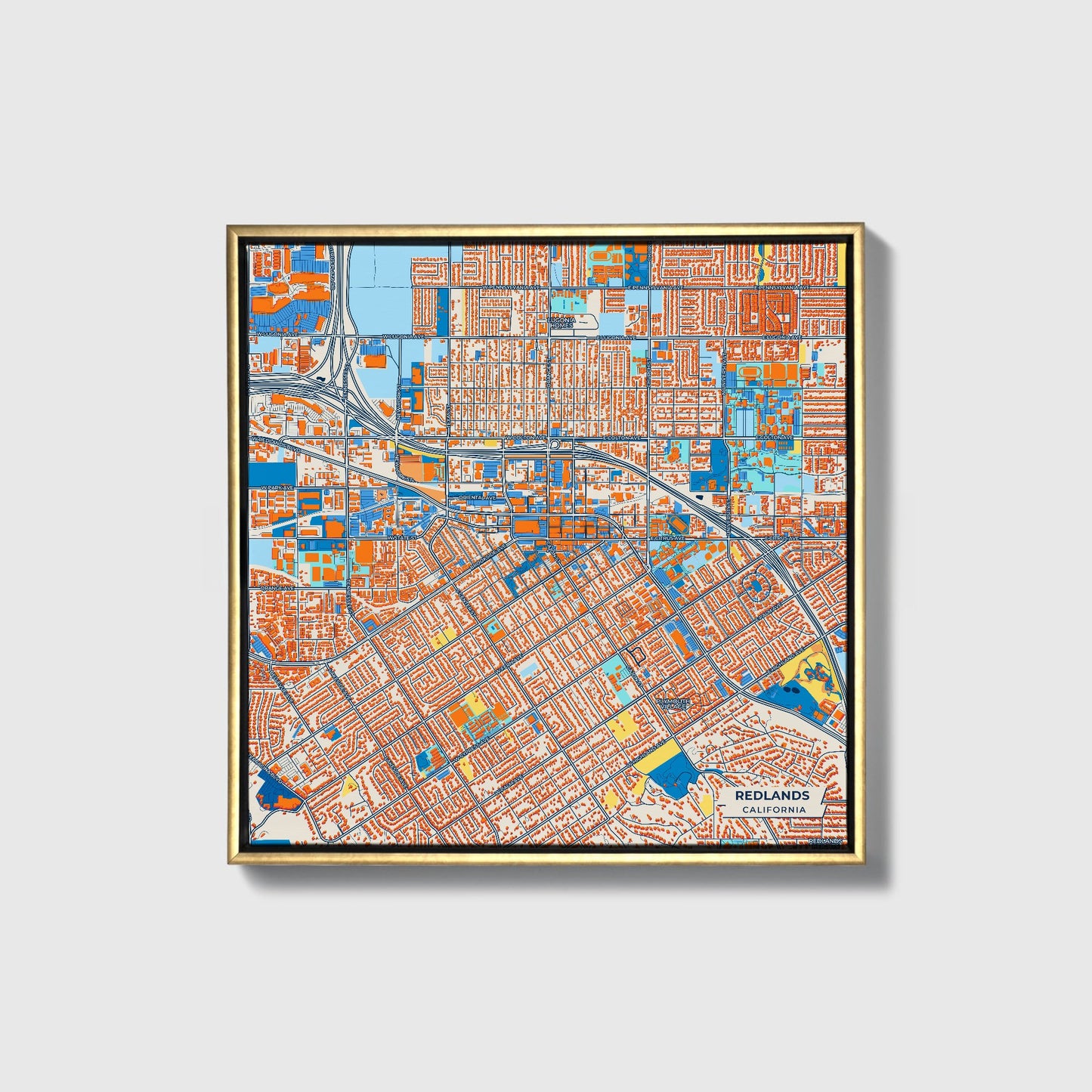 Redlands California Colorful City Map Canvas Print • Gold Framed