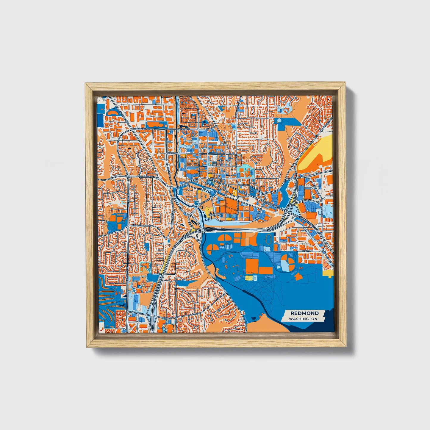 Redmond Washington Colorful City Map Canvas Print • Natural Wooden Framed