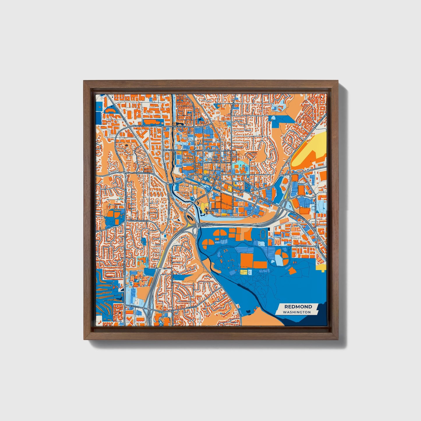 Redmond Washington Colorful City Map Canvas Print • Dark Wooden Framed