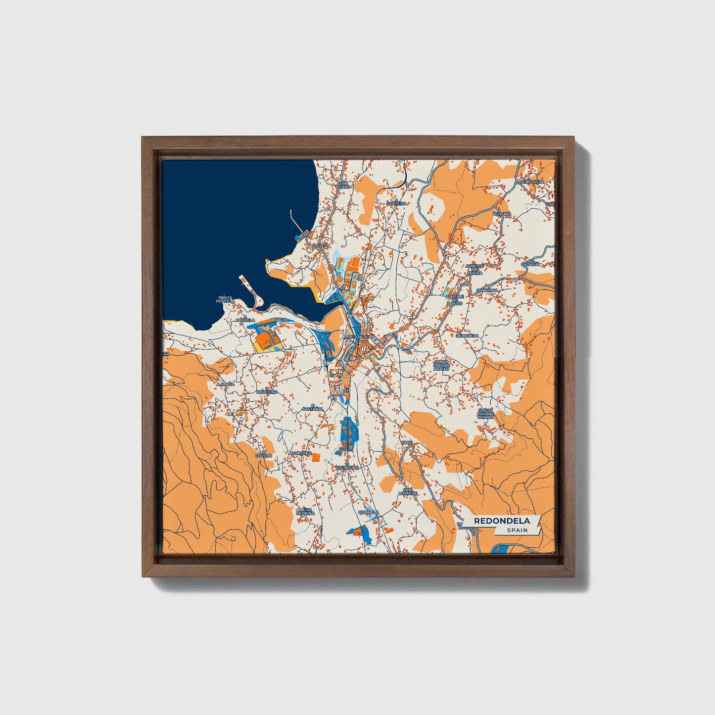 Redondela Spain Colorful City Map Canvas Print • Dark Wooden Framed