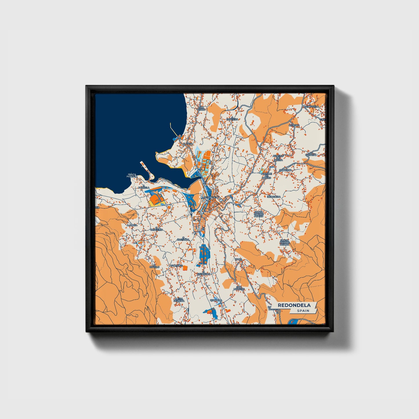 Redondela Spain Colorful City Map Canvas Print • Black Framed