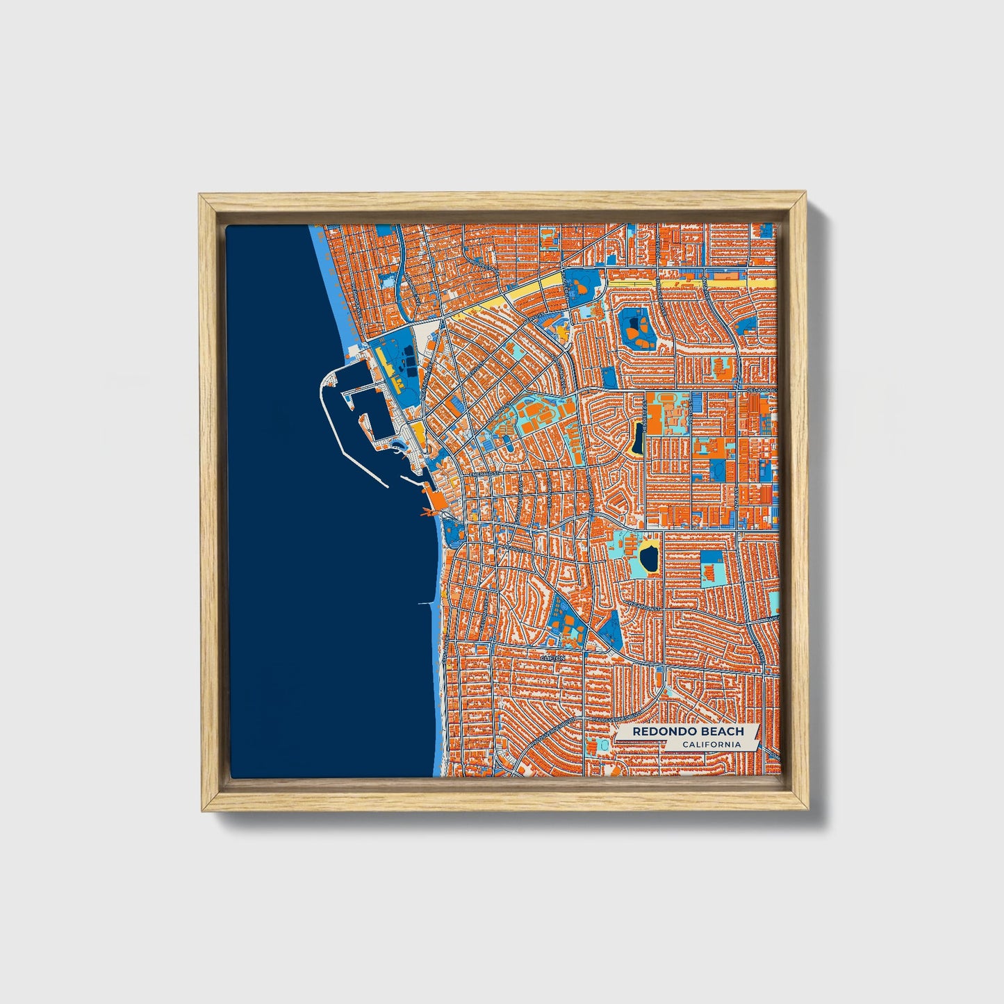 Redondo Beach California Colorful City Map Canvas Print • Natural Wooden Framed