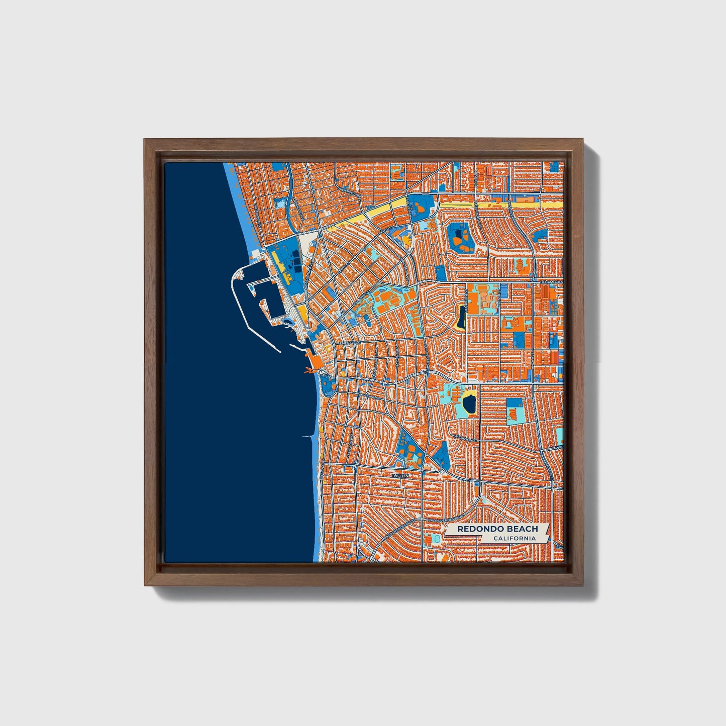 Redondo Beach California Colorful City Map Canvas Print • Dark Wooden Framed