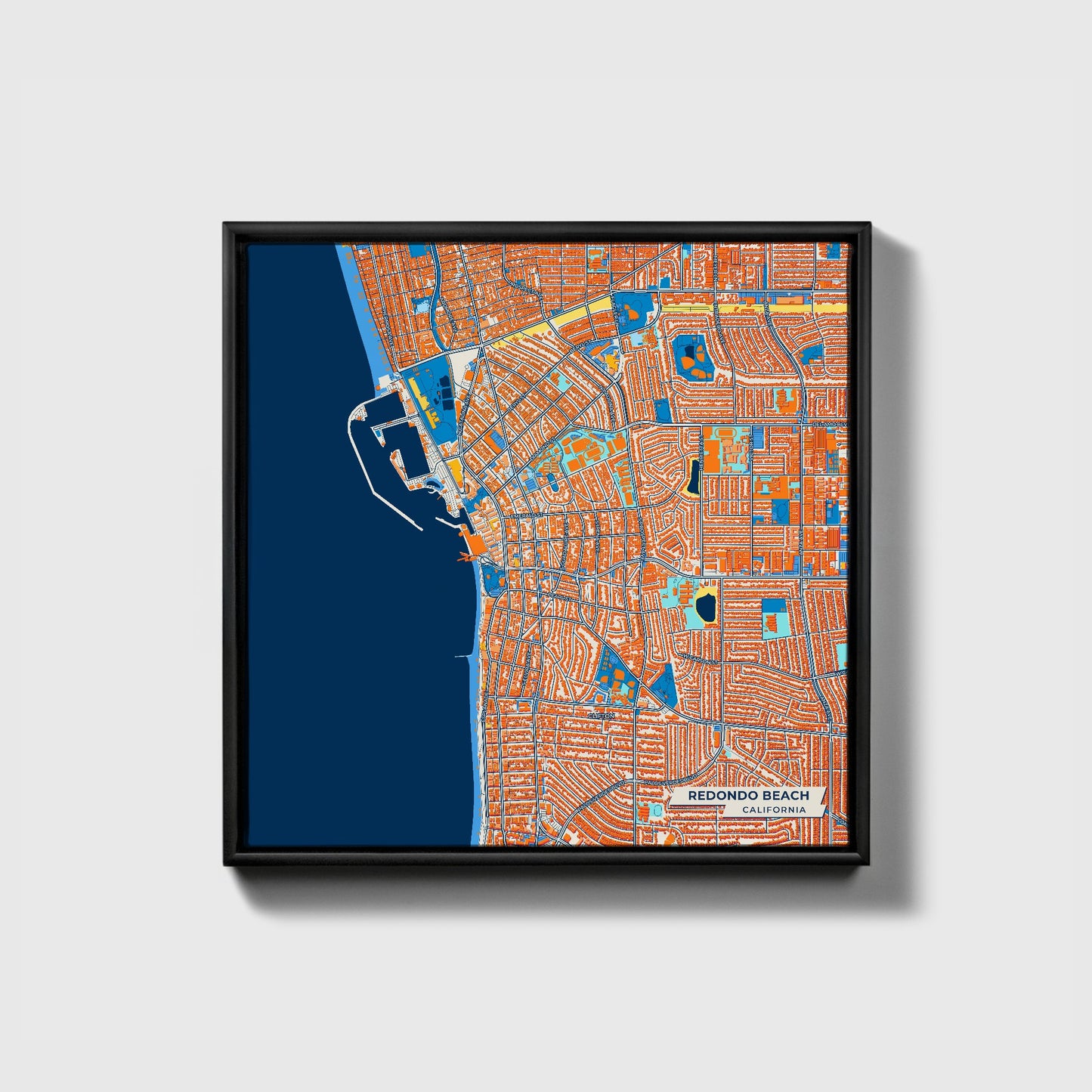 Redondo Beach California Colorful City Map Canvas Print • Black Framed