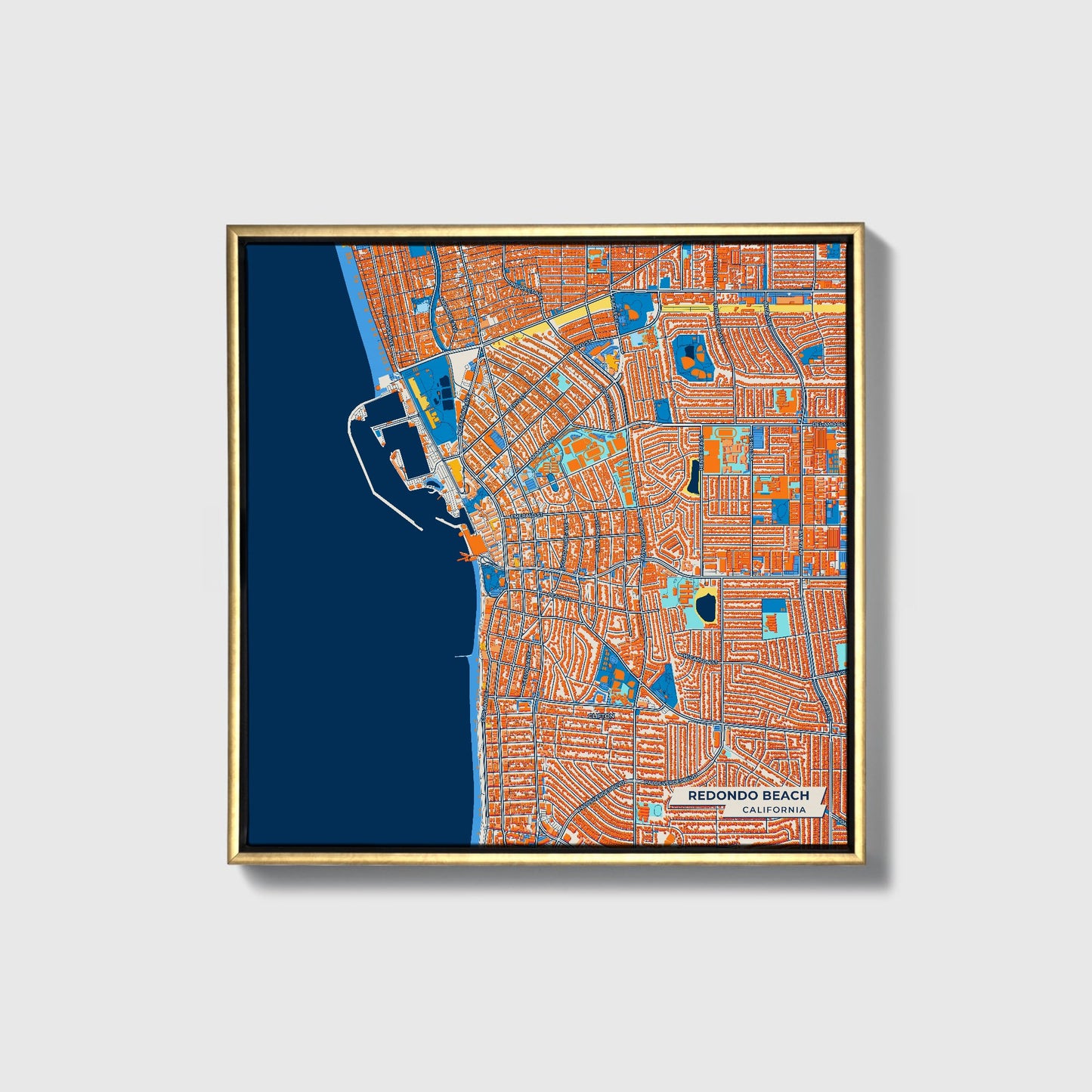 Redondo Beach California Colorful City Map Canvas Print • Gold Framed