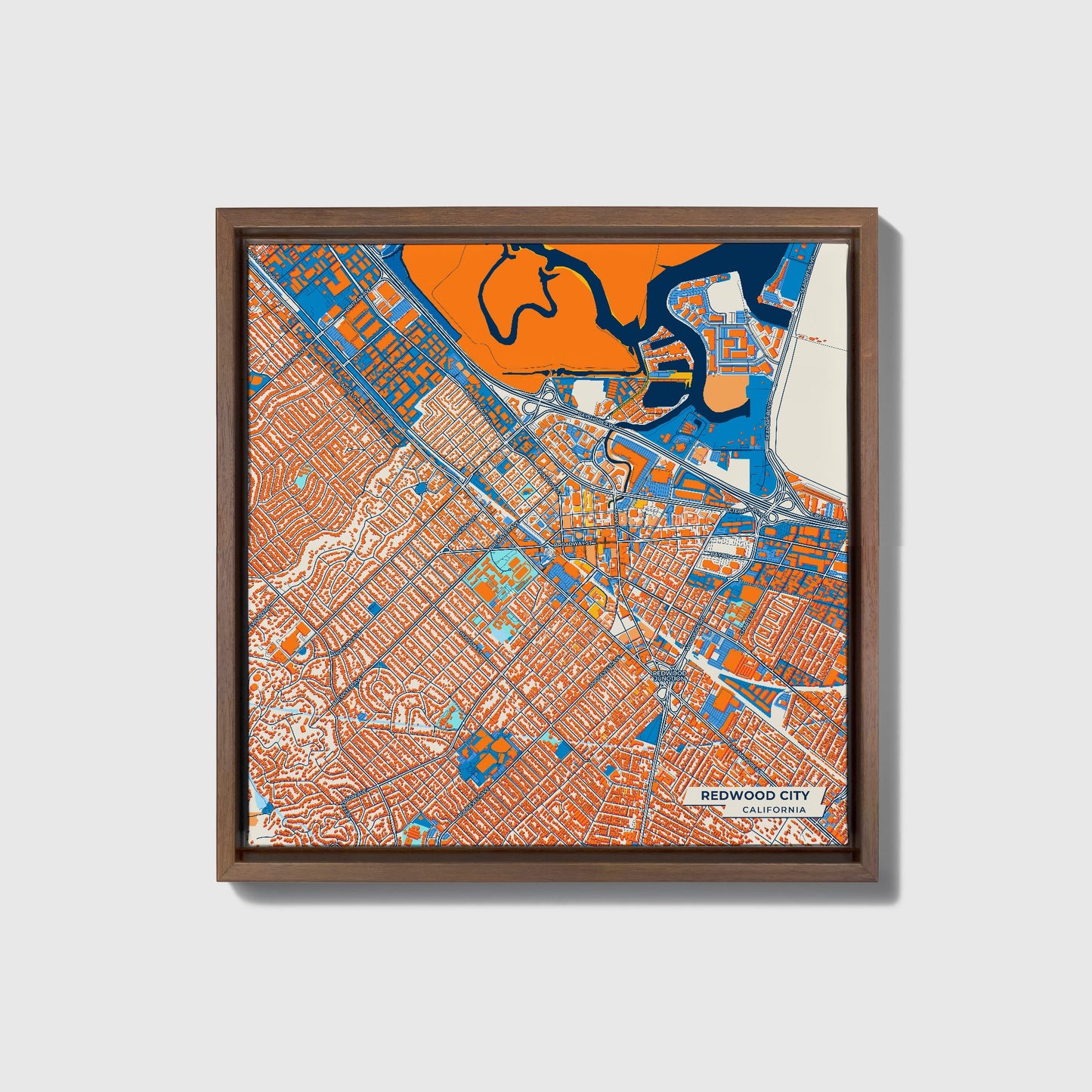 Redwood City California Colorful City Map Canvas Print • Dark Wooden Framed