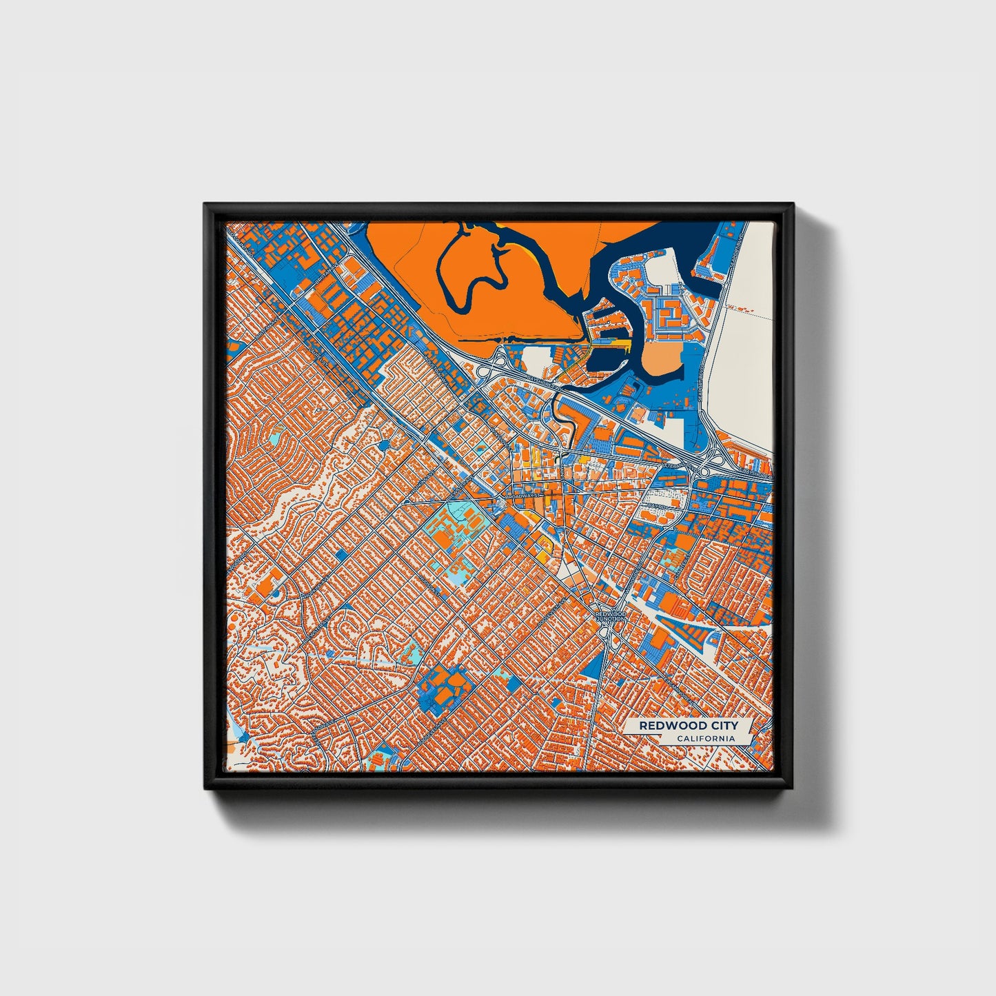 Redwood City California Colorful City Map Canvas Print • Black Framed