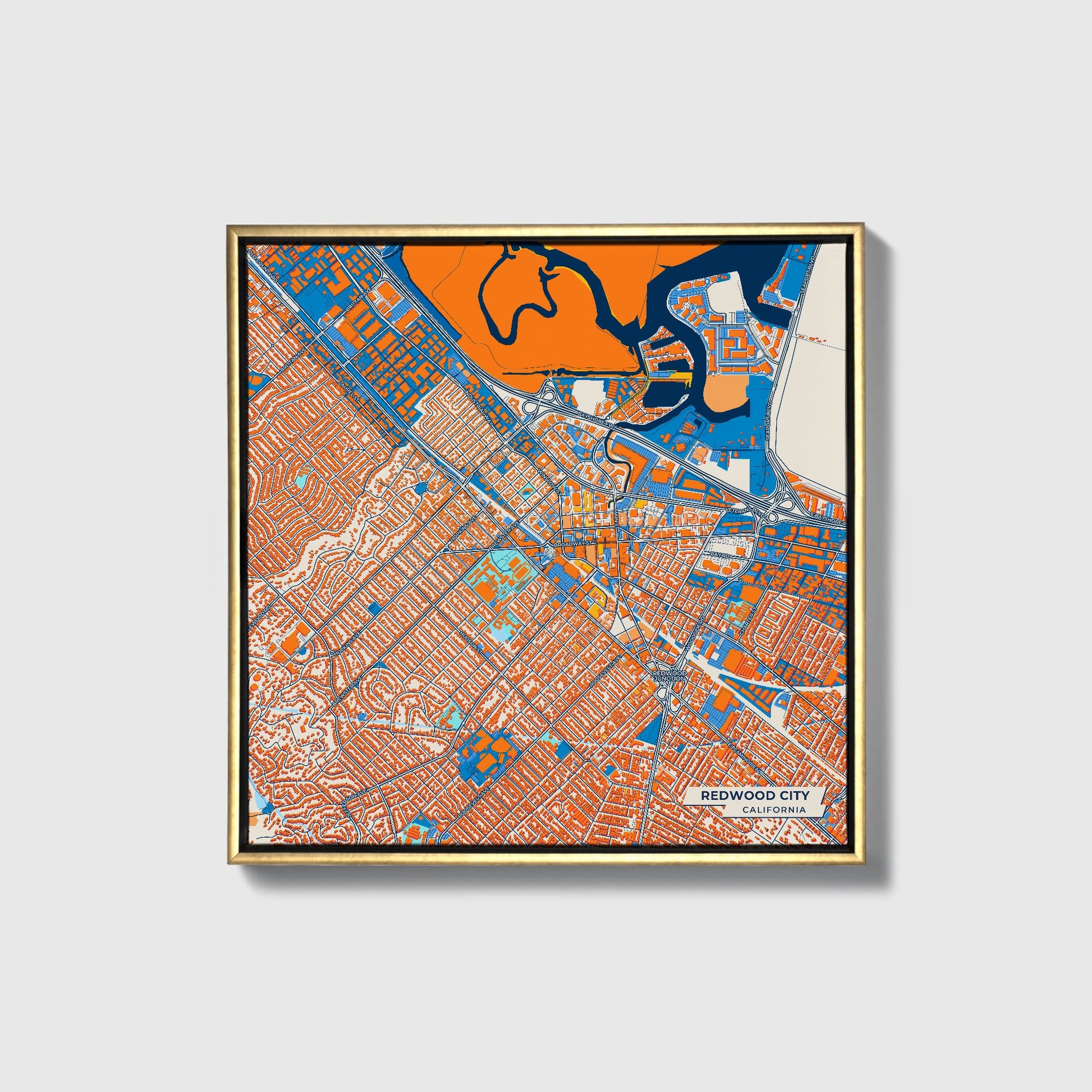 Redwood City California Colorful City Map Canvas Print • Gold Framed