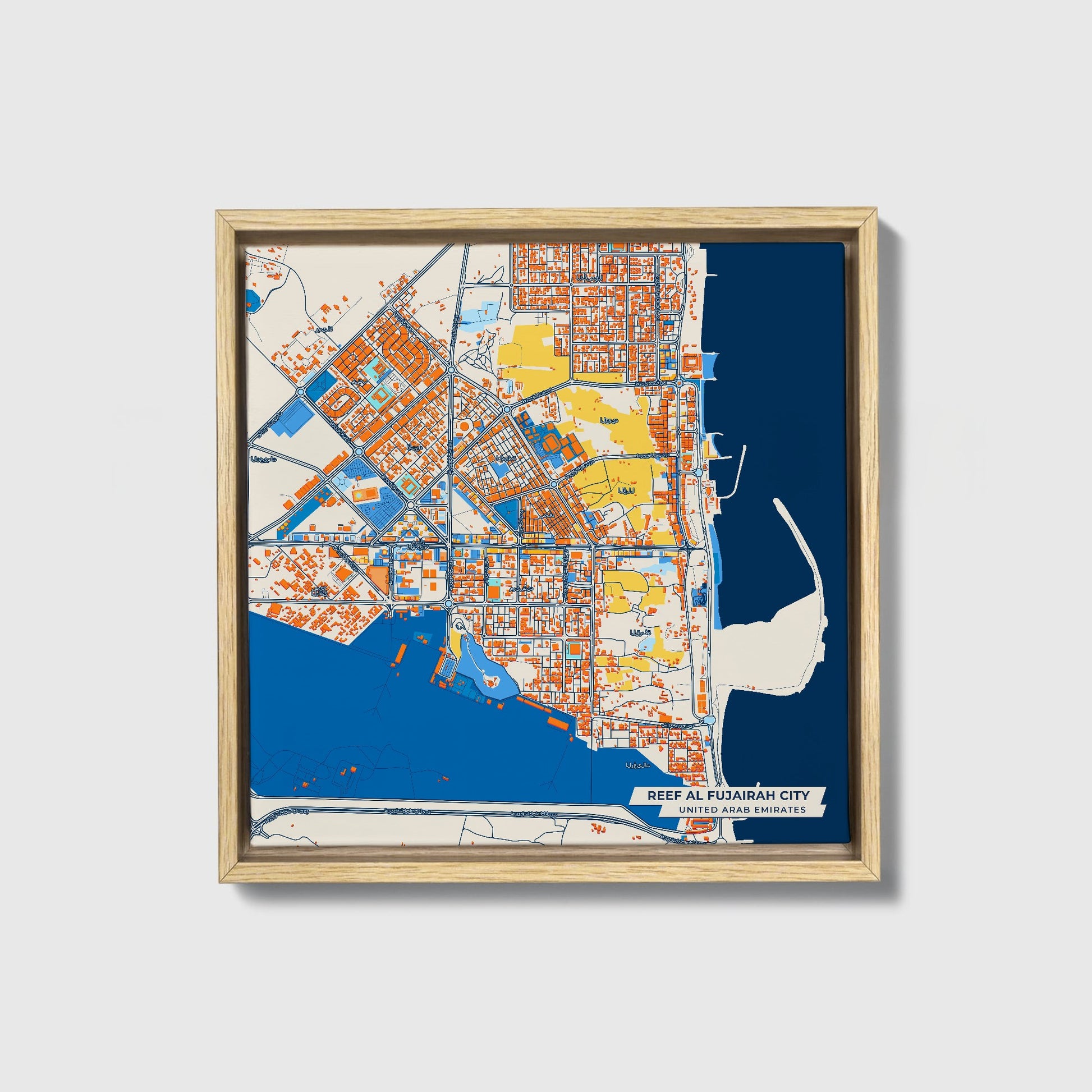 Reef Al Fujairah City United Arab Emirates Colorful City Map Canvas Print • Natural Wooden Framed