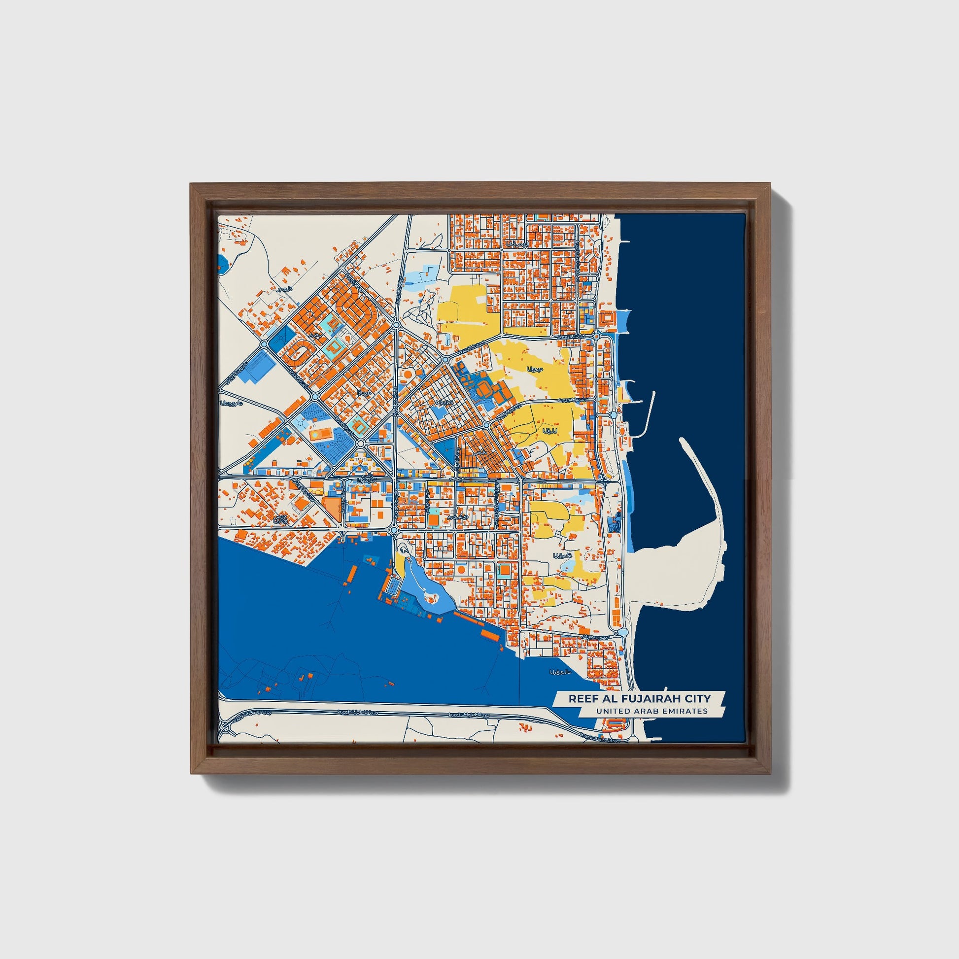 Reef Al Fujairah City United Arab Emirates Colorful City Map Canvas Print • Dark Wooden Framed