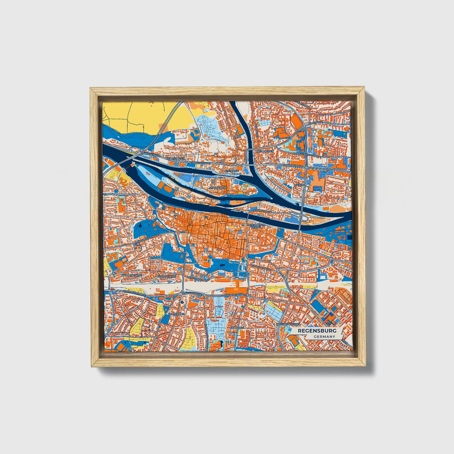 Regensburg Germany Colorful City Map Canvas Print • Natural Wooden Framed