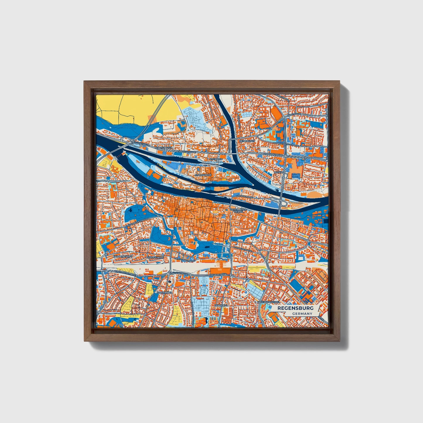 Regensburg Germany Colorful City Map Canvas Print • Dark Wooden Framed