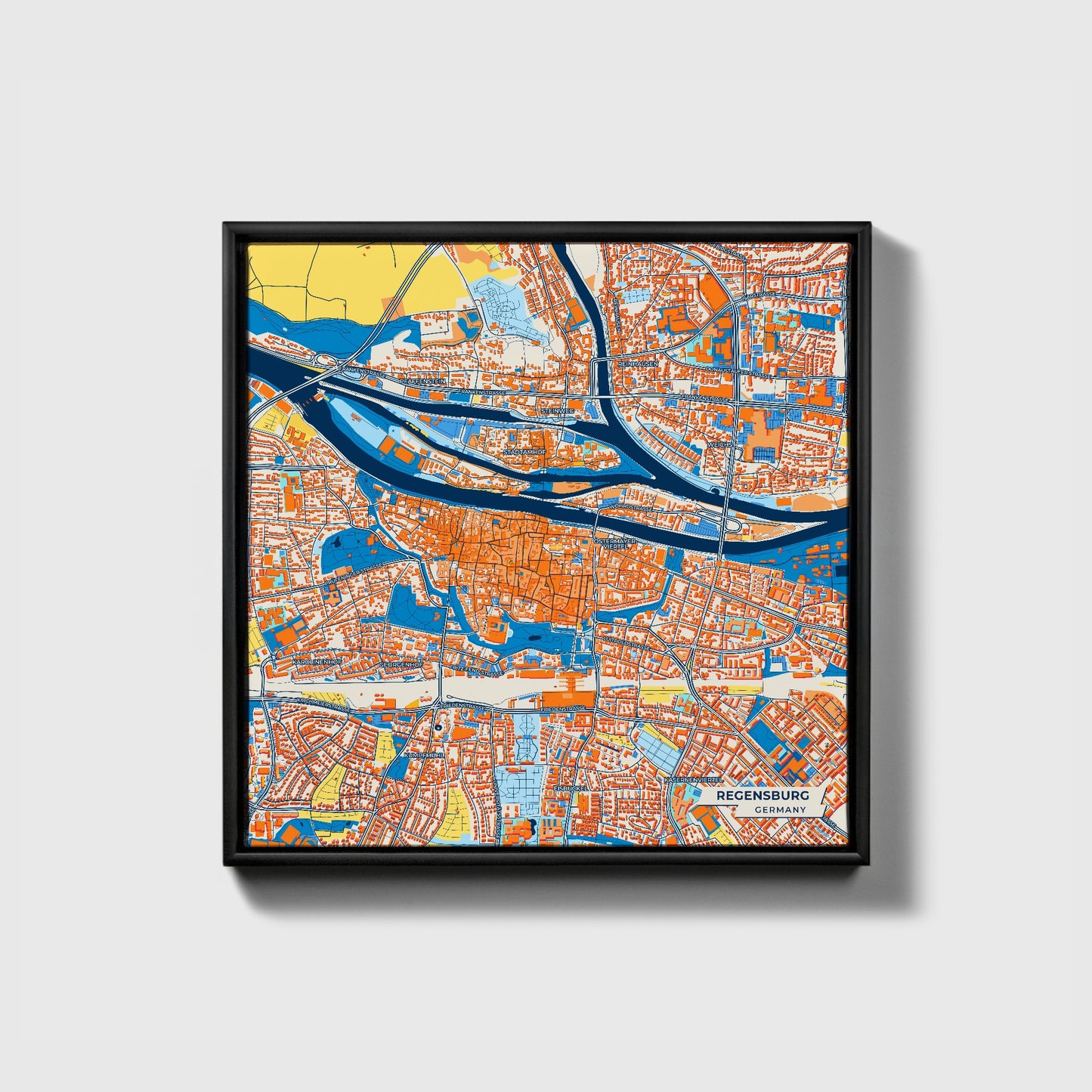 Regensburg Germany Colorful City Map Canvas Print • Black Framed