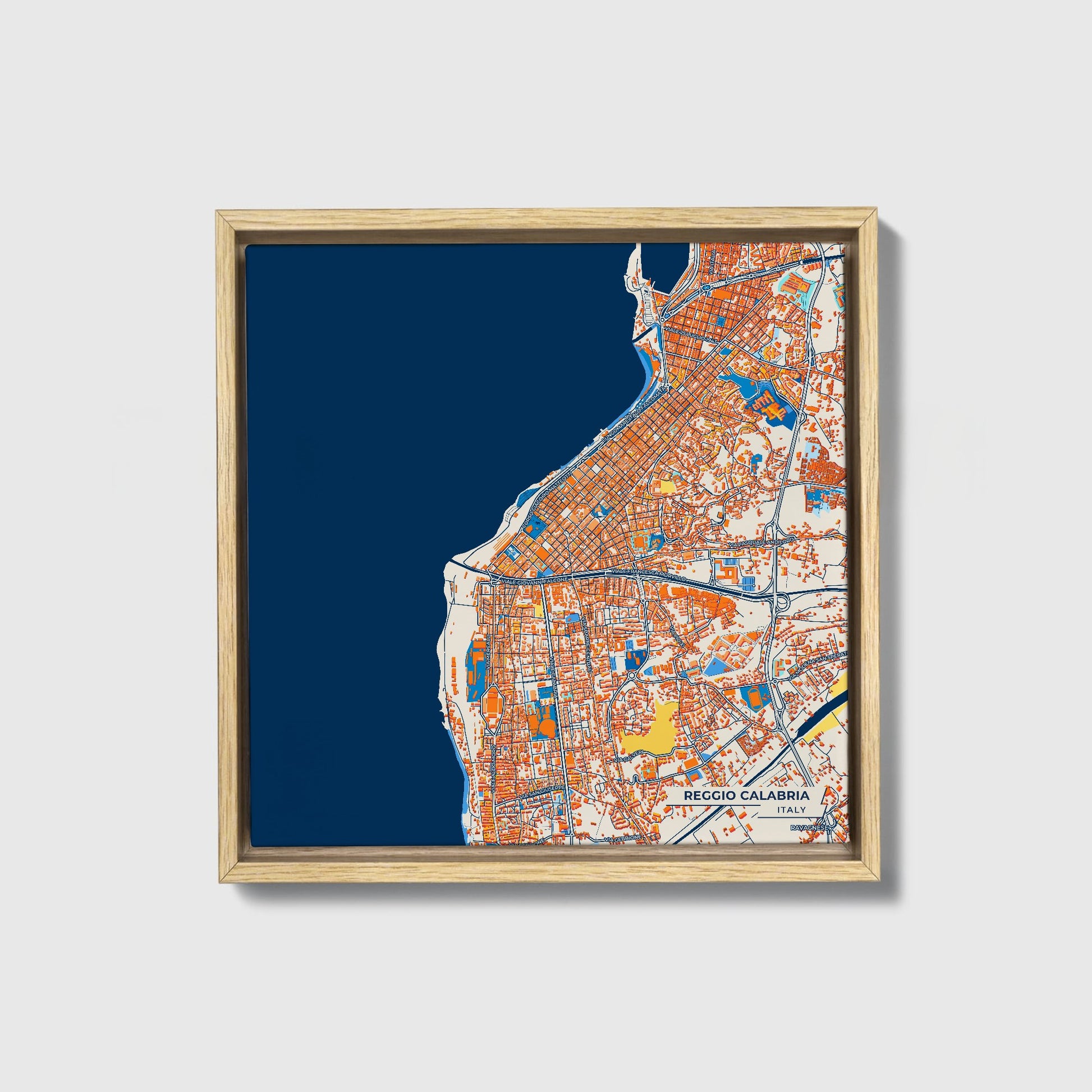 Reggio Calabria Italy Colorful City Map Canvas Print • Natural Wooden Framed