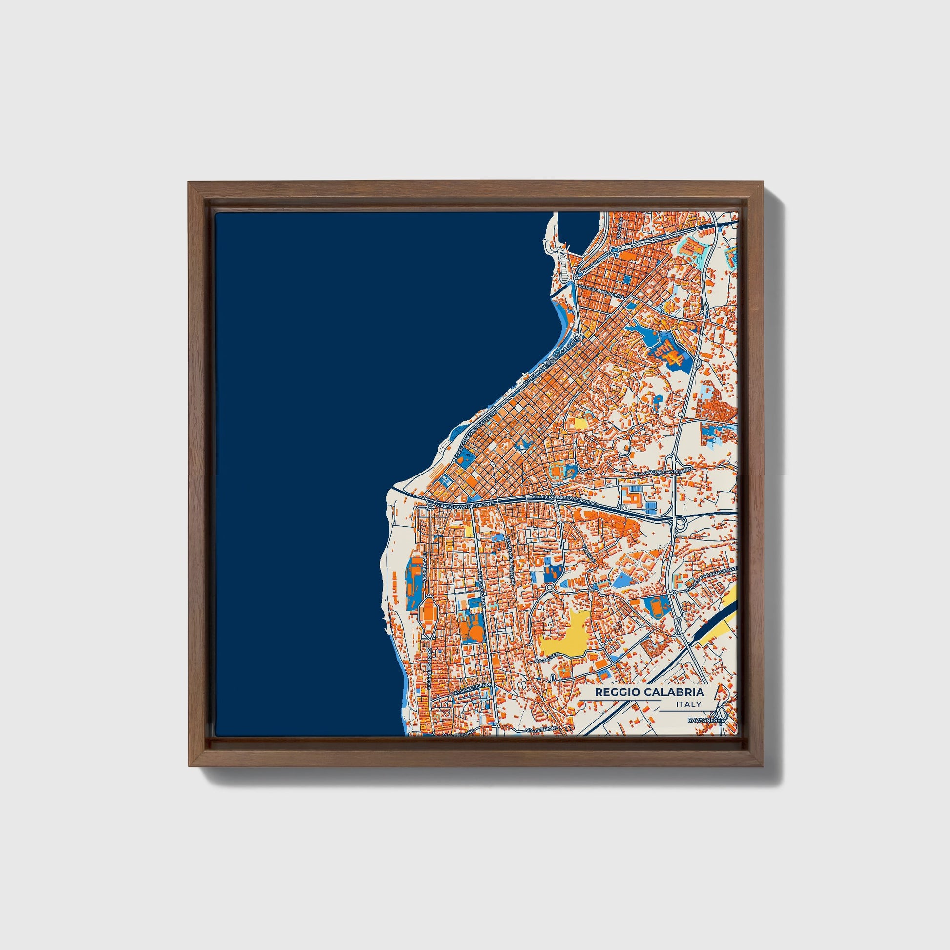 Reggio Calabria Italy Colorful City Map Canvas Print • Dark Wooden Framed