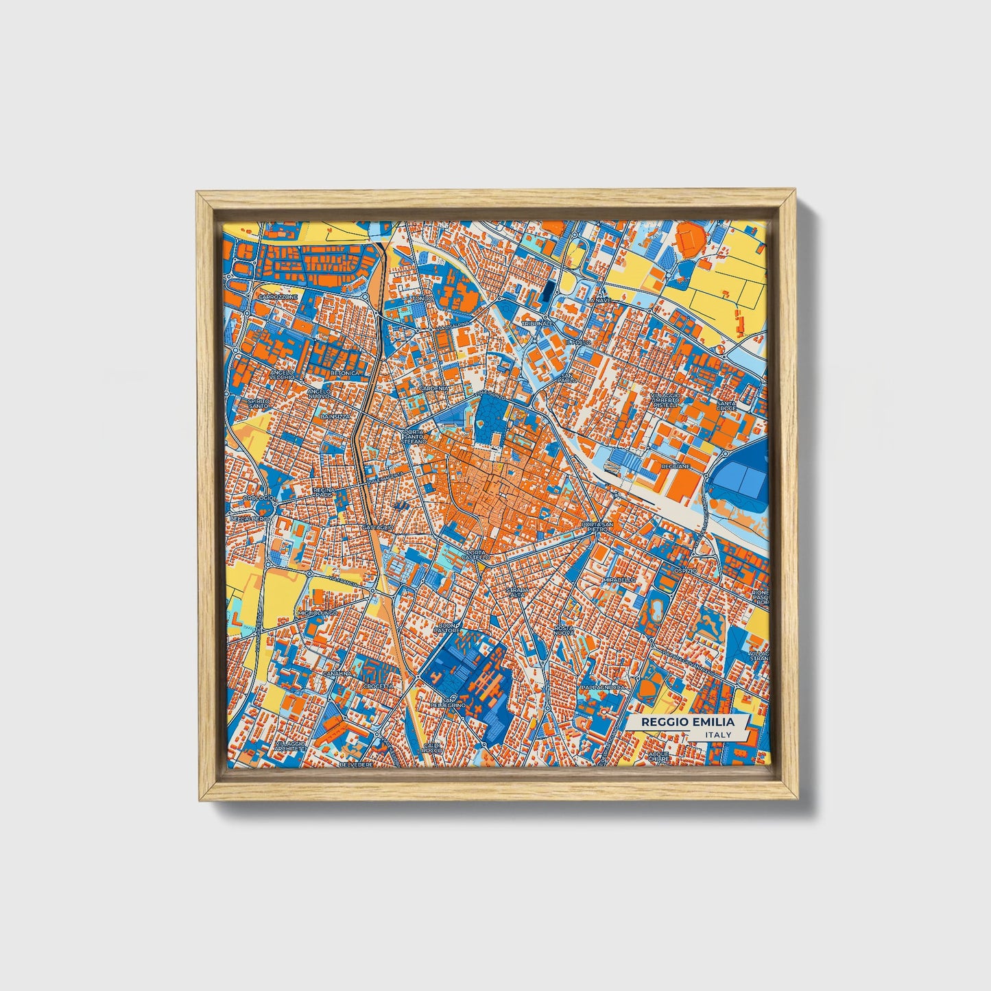 Reggio Emilia Italy Colorful City Map Canvas Print • Natural Wooden Framed