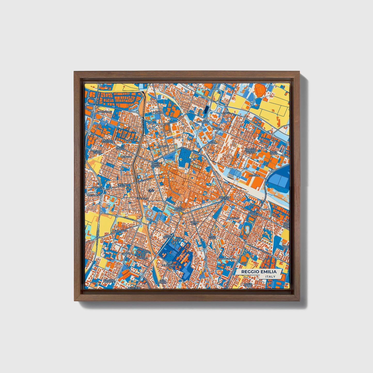 Reggio Emilia Italy Colorful City Map Canvas Print • Dark Wooden Framed