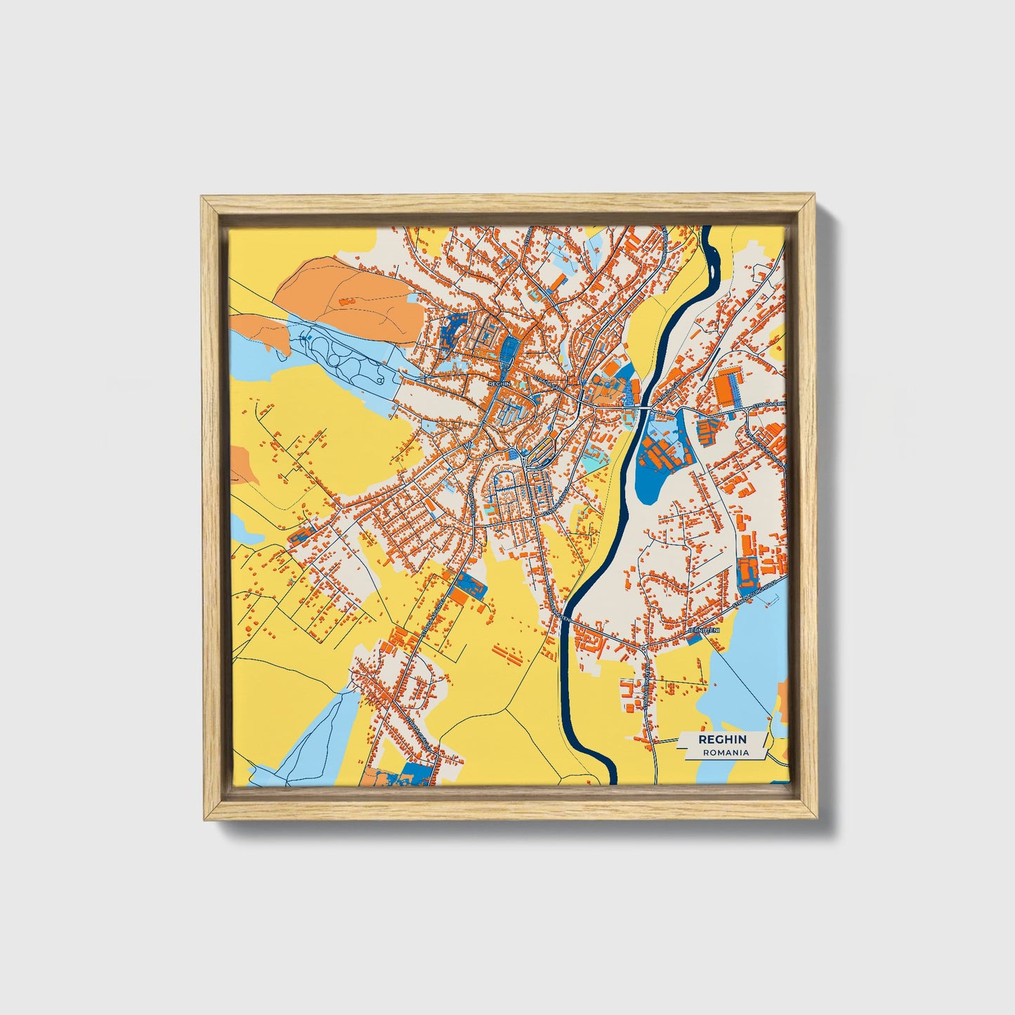 Reghin Romania Colorful City Map Canvas Print • Natural Wooden Framed