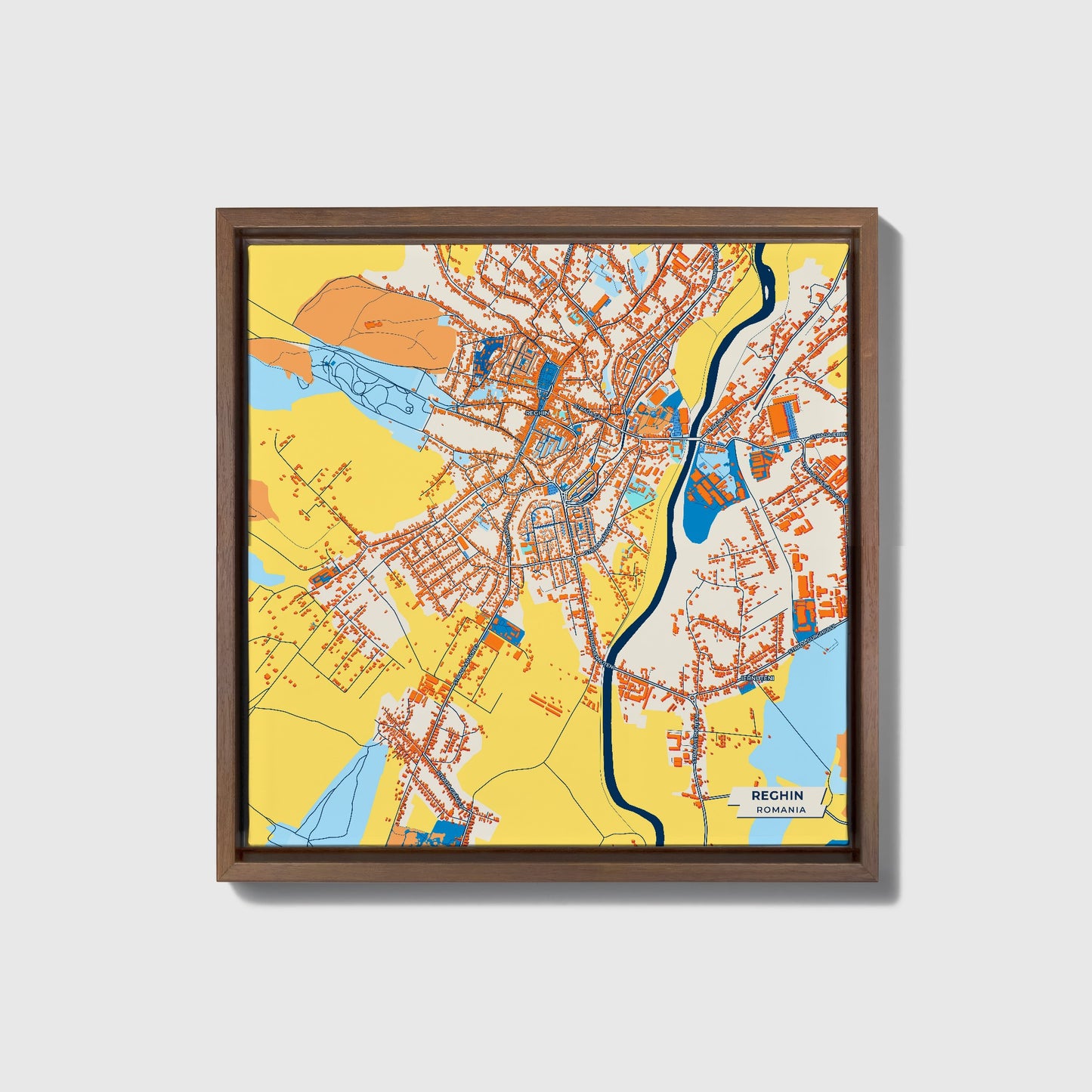 Reghin Romania Colorful City Map Canvas Print • Dark Wooden Framed