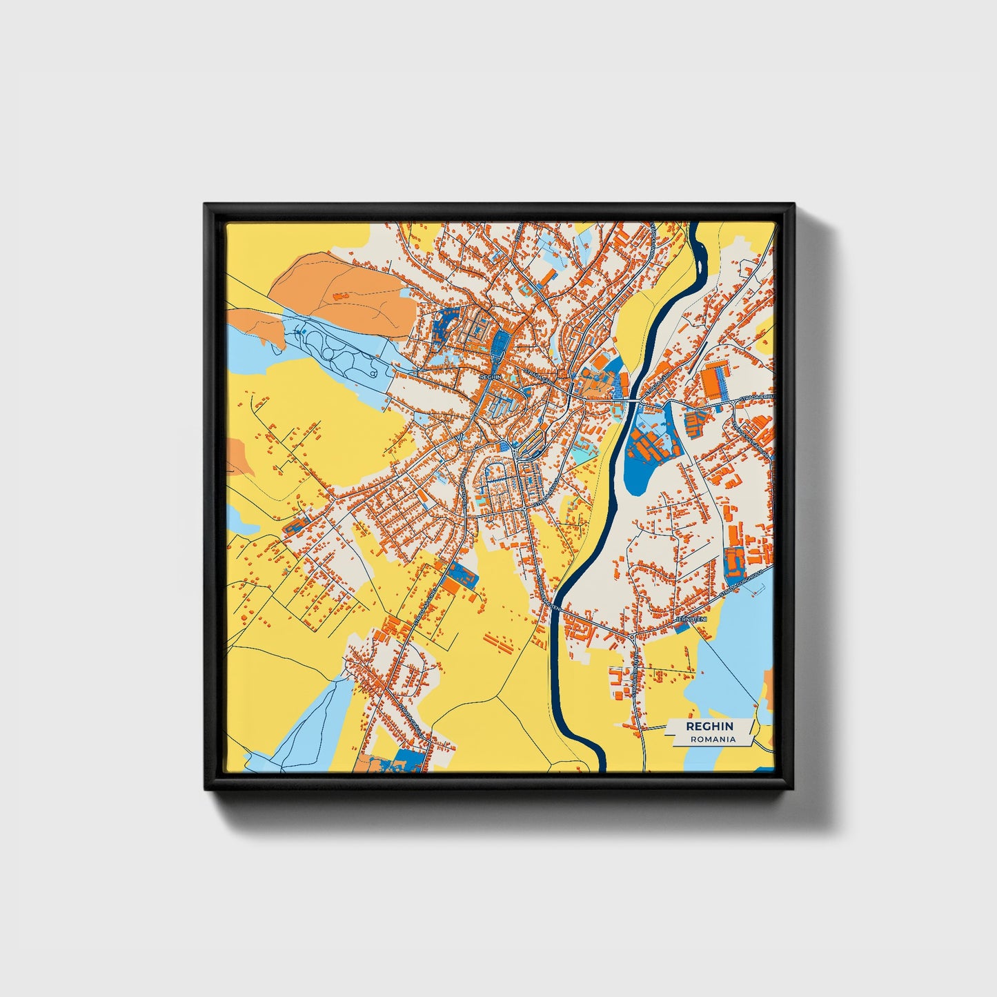 Reghin Romania Colorful City Map Canvas Print • Black Framed