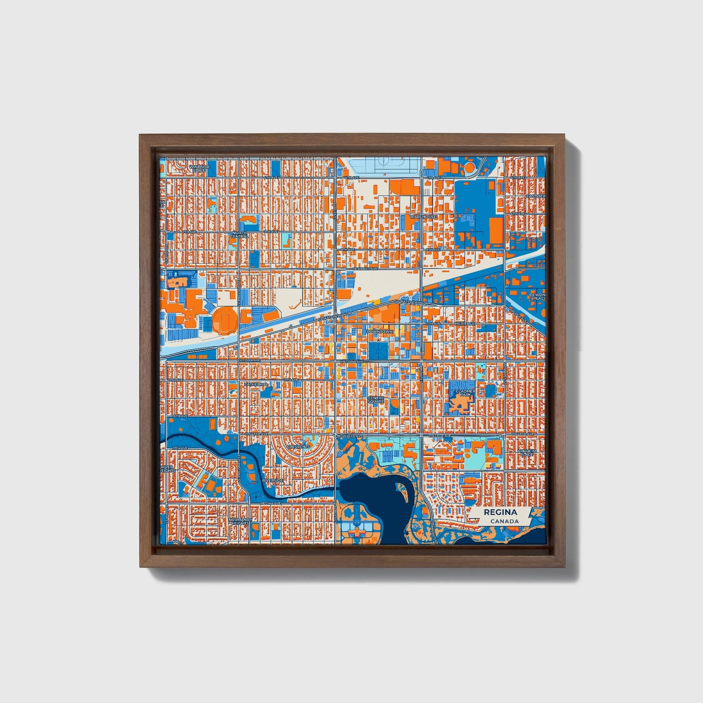 Regina Canada Colorful City Map Canvas Print • Dark Wooden Framed