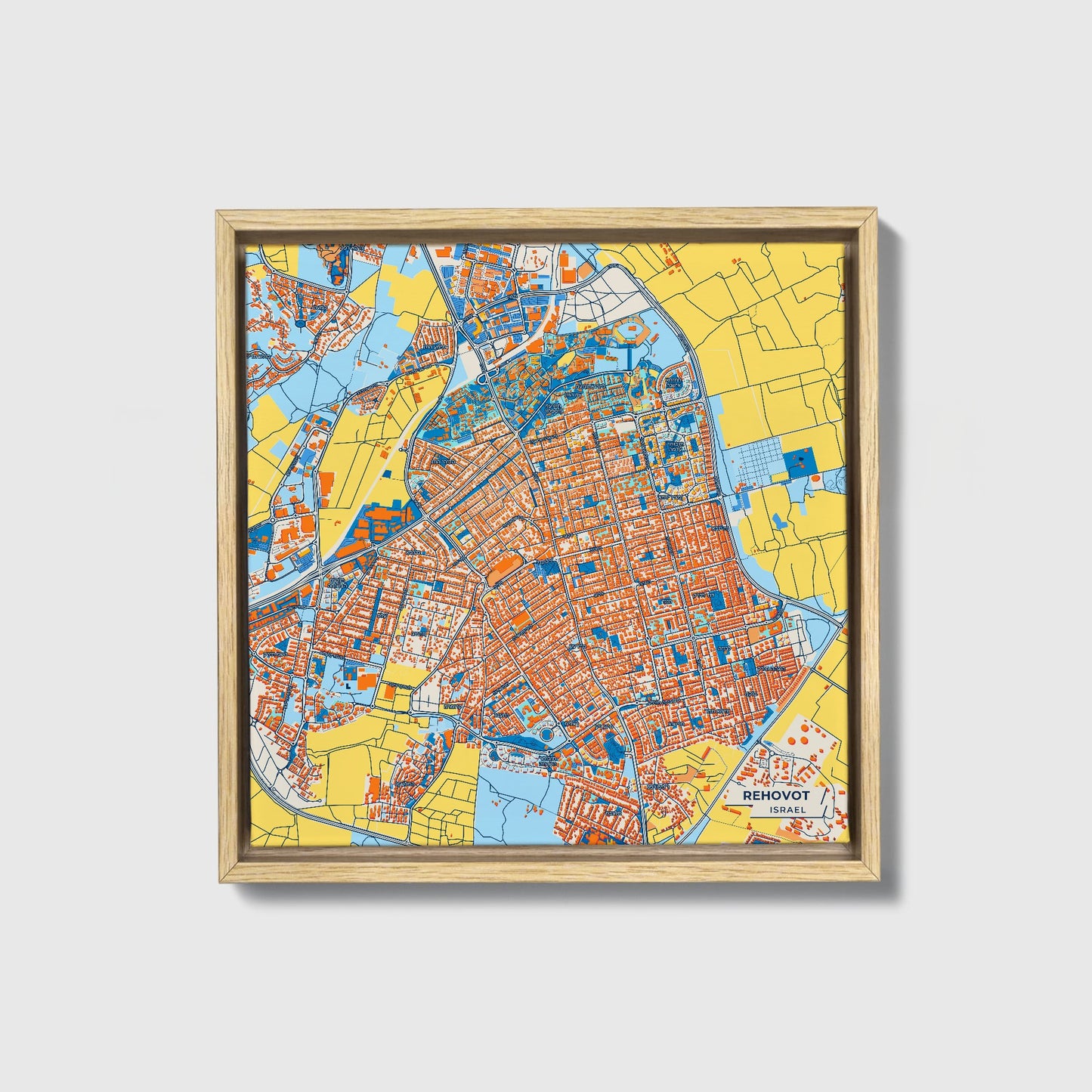Rehovot Israel Colorful City Map Canvas Print • Natural Wooden Framed