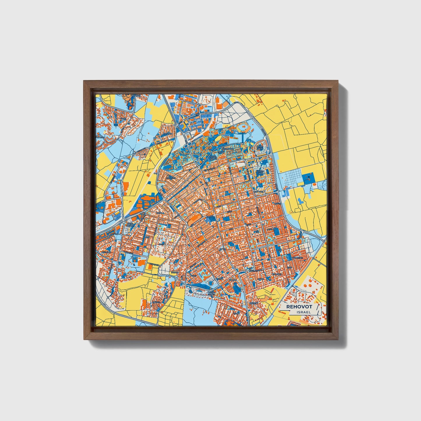 Rehovot Israel Colorful City Map Canvas Print • Dark Wooden Framed