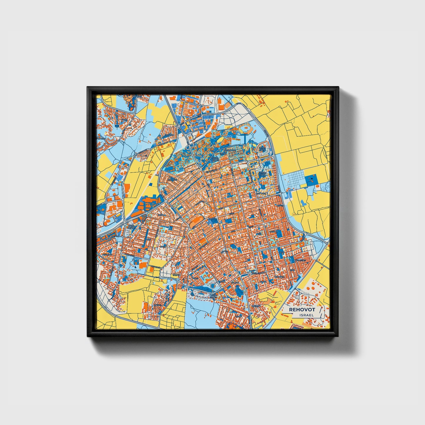 Rehovot Israel Colorful City Map Canvas Print • Black Framed