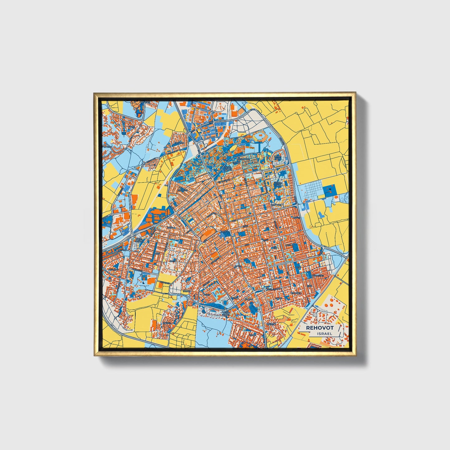 Rehovot Israel Colorful City Map Canvas Print • Gold Framed