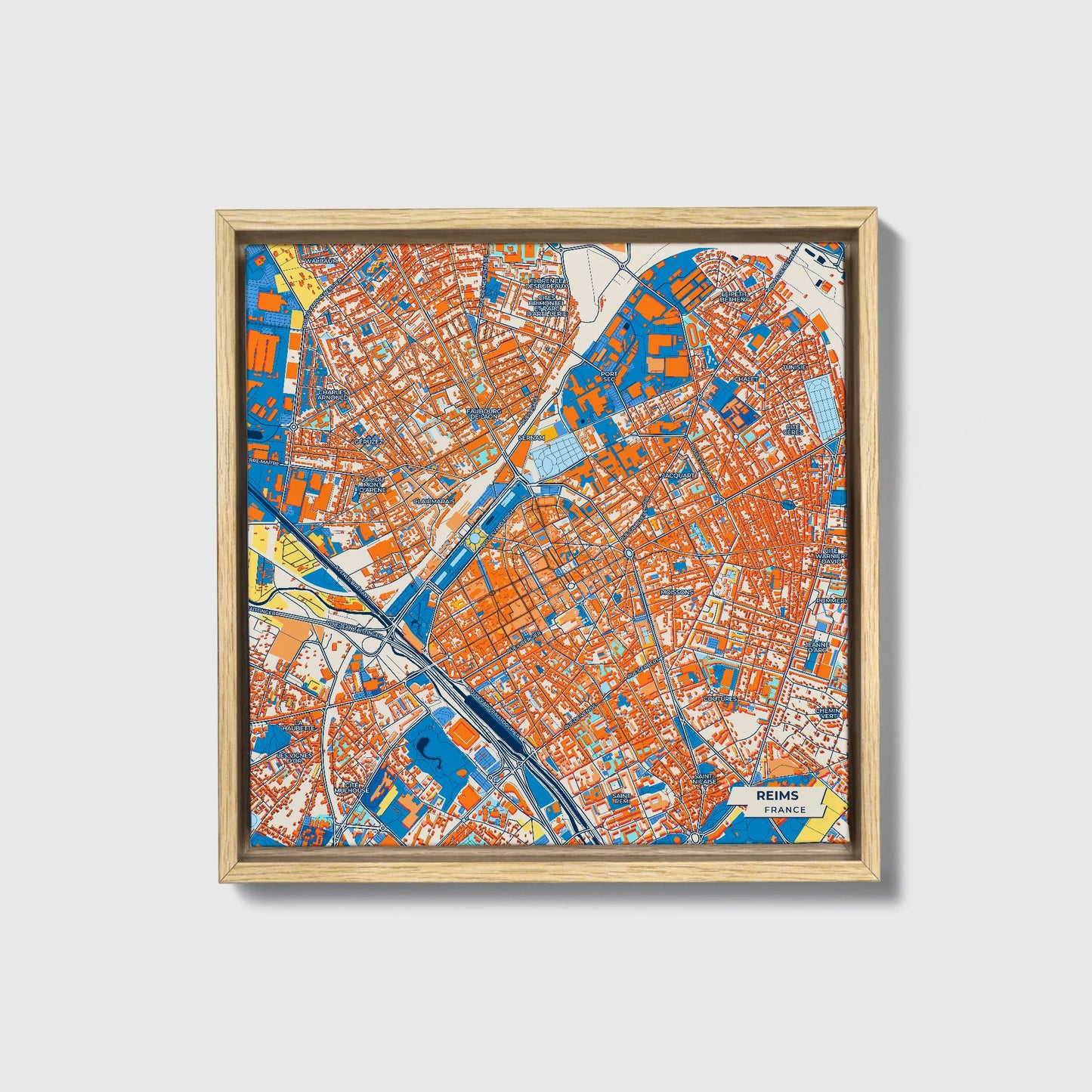 Reims France Colorful City Map Canvas Print • Natural Wooden Framed