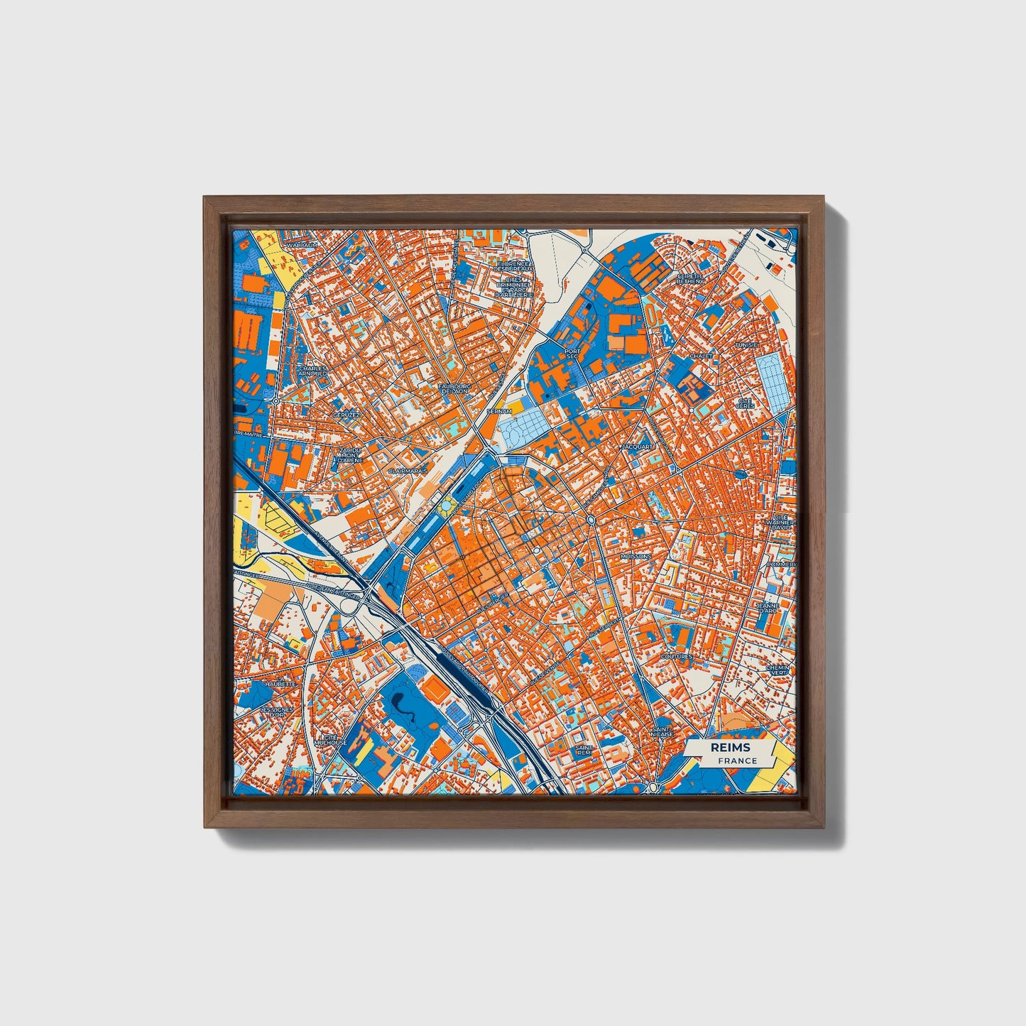 Reims France Colorful City Map Canvas Print • Dark Wooden Framed