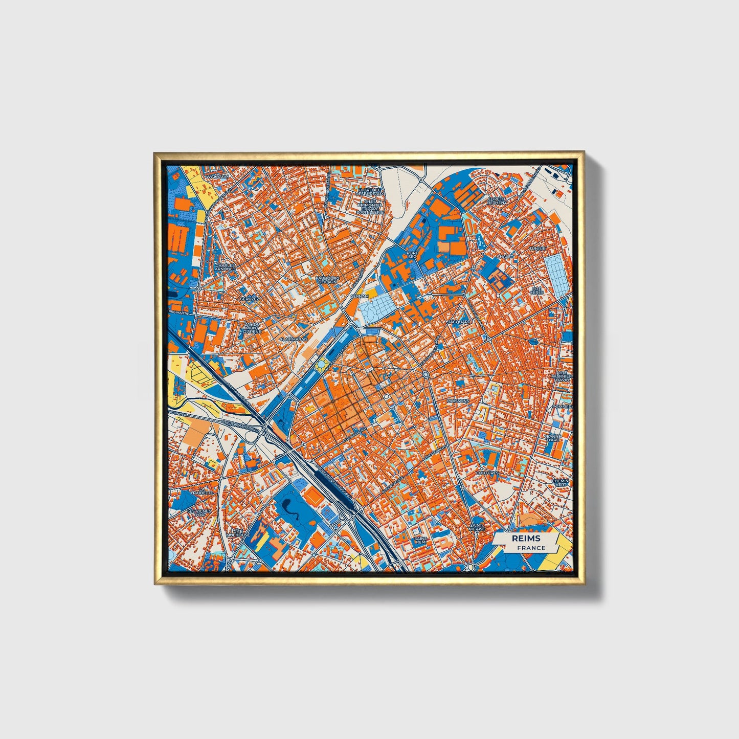 Reims France Colorful City Map Canvas Print • Gold Framed