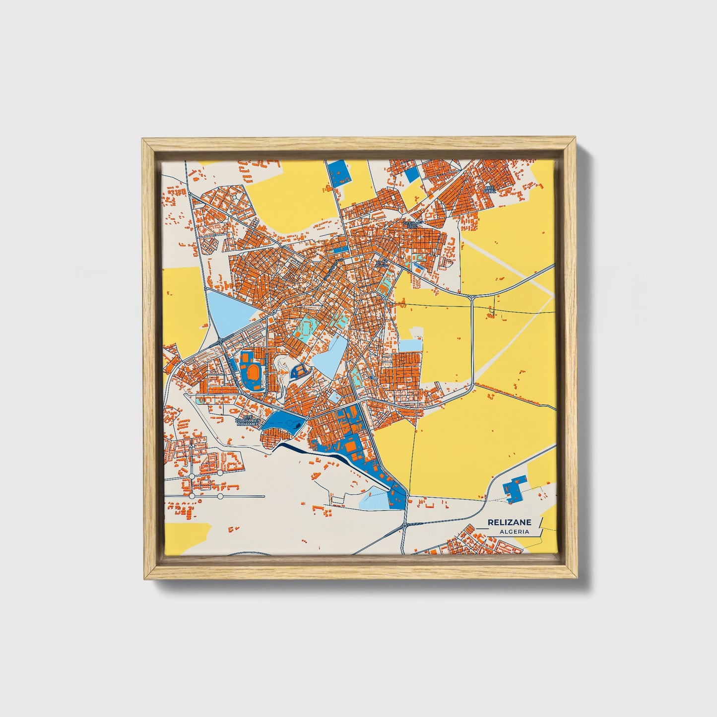 Relizane Algeria Colorful City Map Canvas Print • Natural Wooden Framed