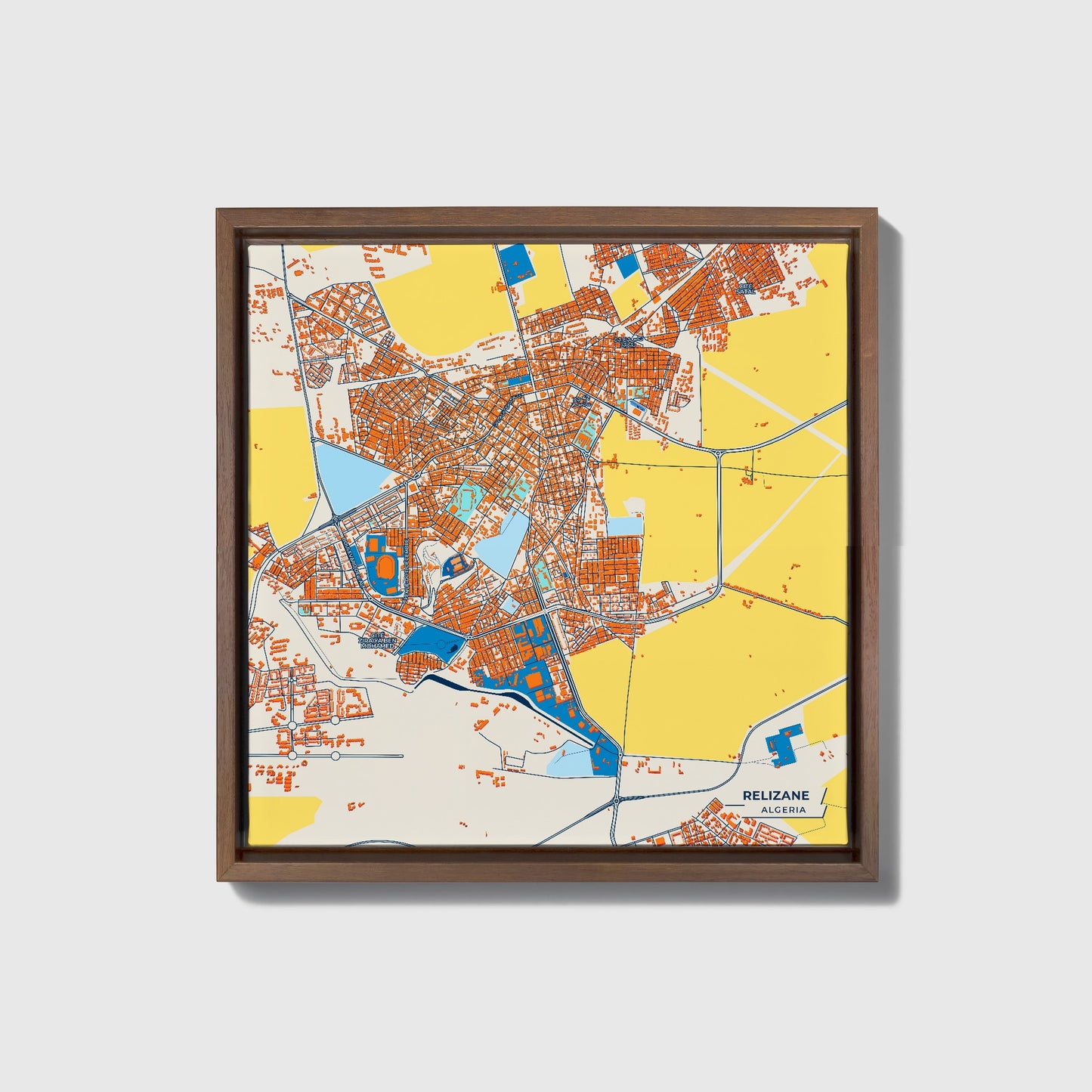 Relizane Algeria Colorful City Map Canvas Print • Dark Wooden Framed