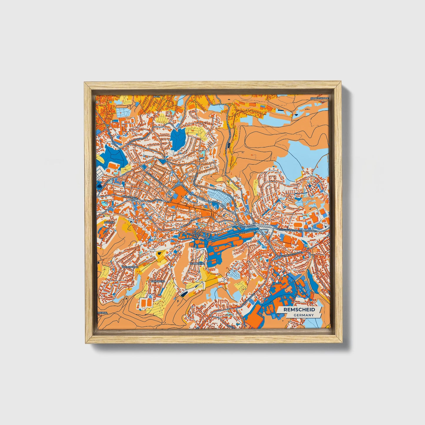Remscheid Germany Colorful City Map Canvas Print • Natural Wooden Framed