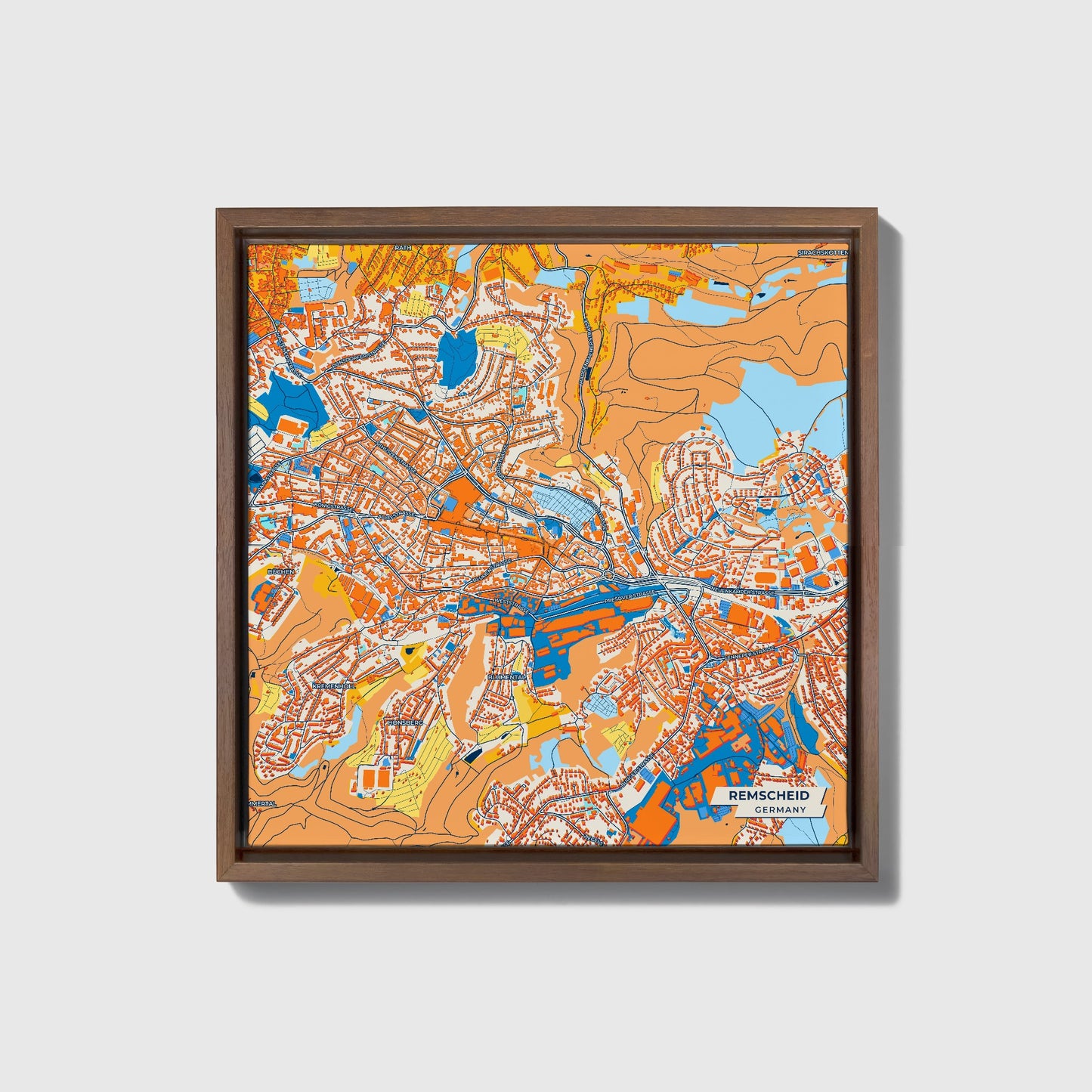 Remscheid Germany Colorful City Map Canvas Print • Dark Wooden Framed