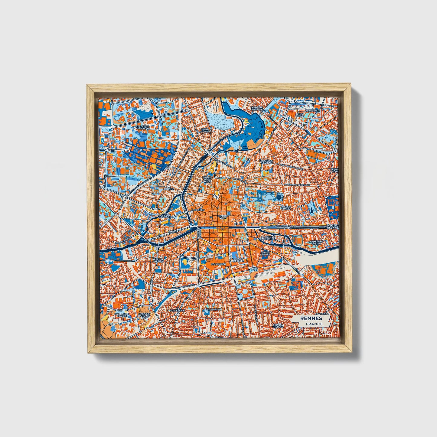 Rennes France Colorful City Map Canvas Print • Natural Wooden Framed