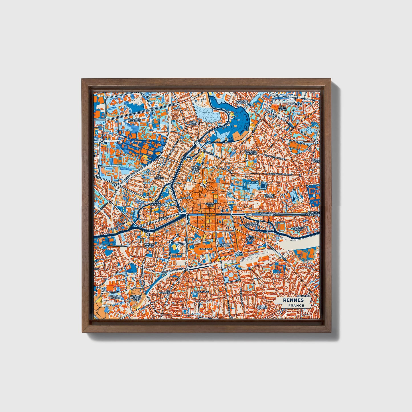 Rennes France Colorful City Map Canvas Print • Dark Wooden Framed