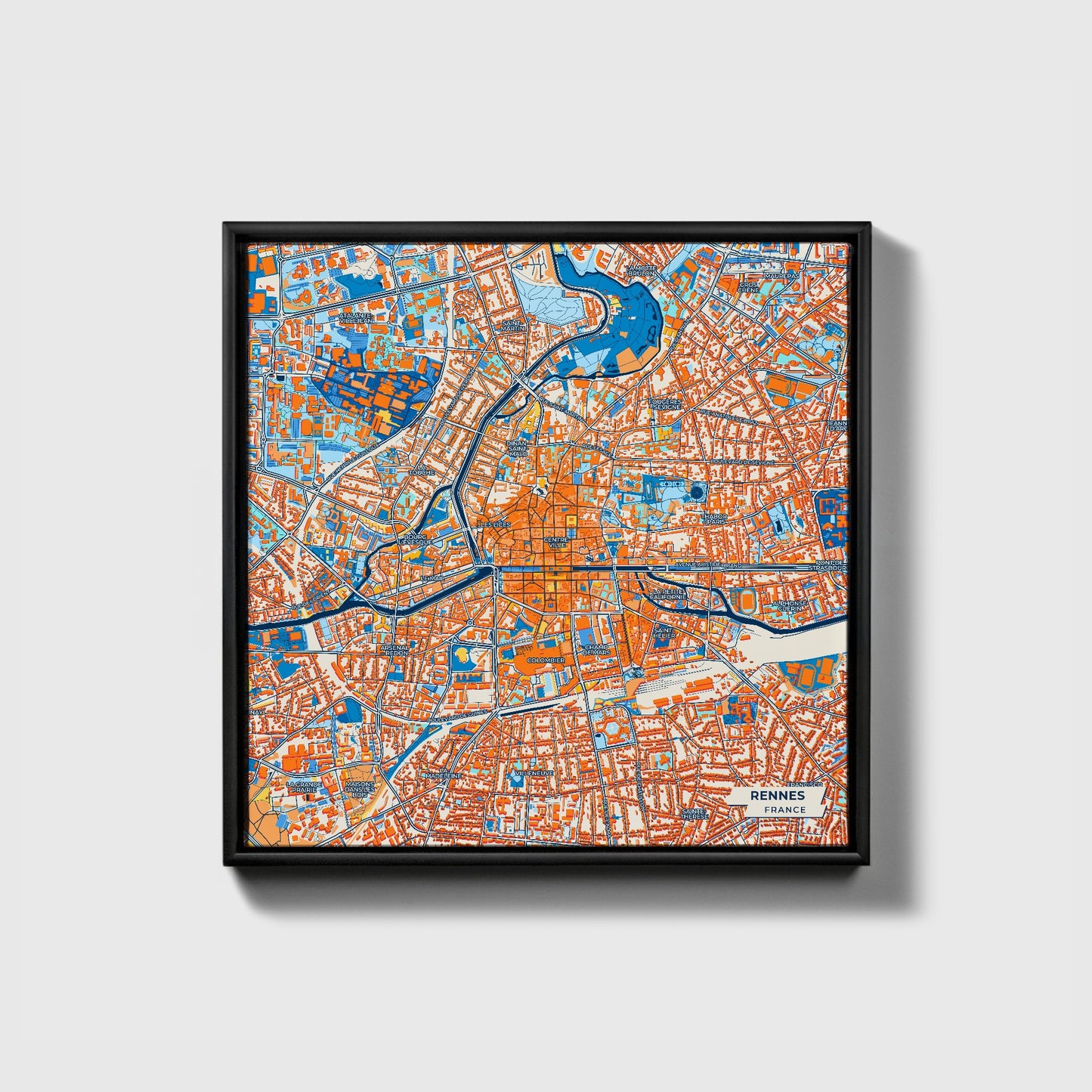 Rennes France Colorful City Map Canvas Print • Black Framed