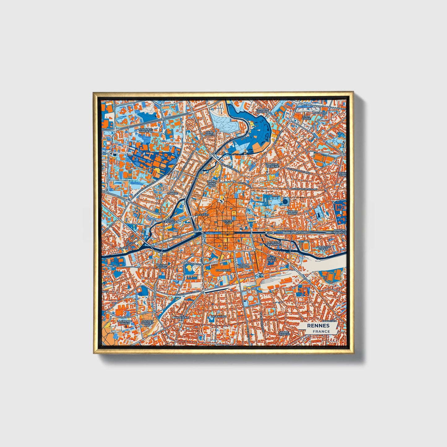 Rennes France Colorful City Map Canvas Print • Gold Framed