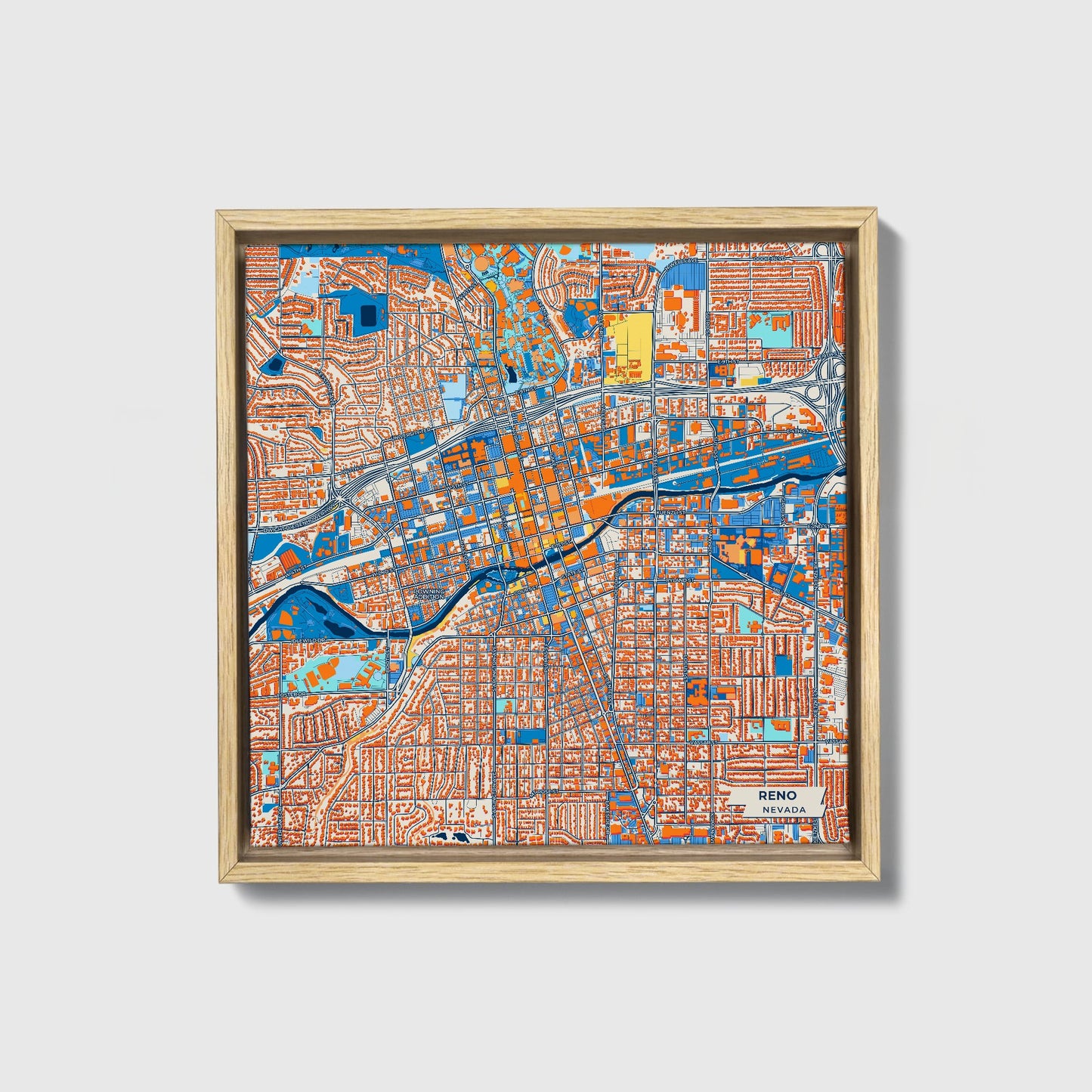 Reno Nevada Colorful City Map Canvas Print • Natural Wooden Framed