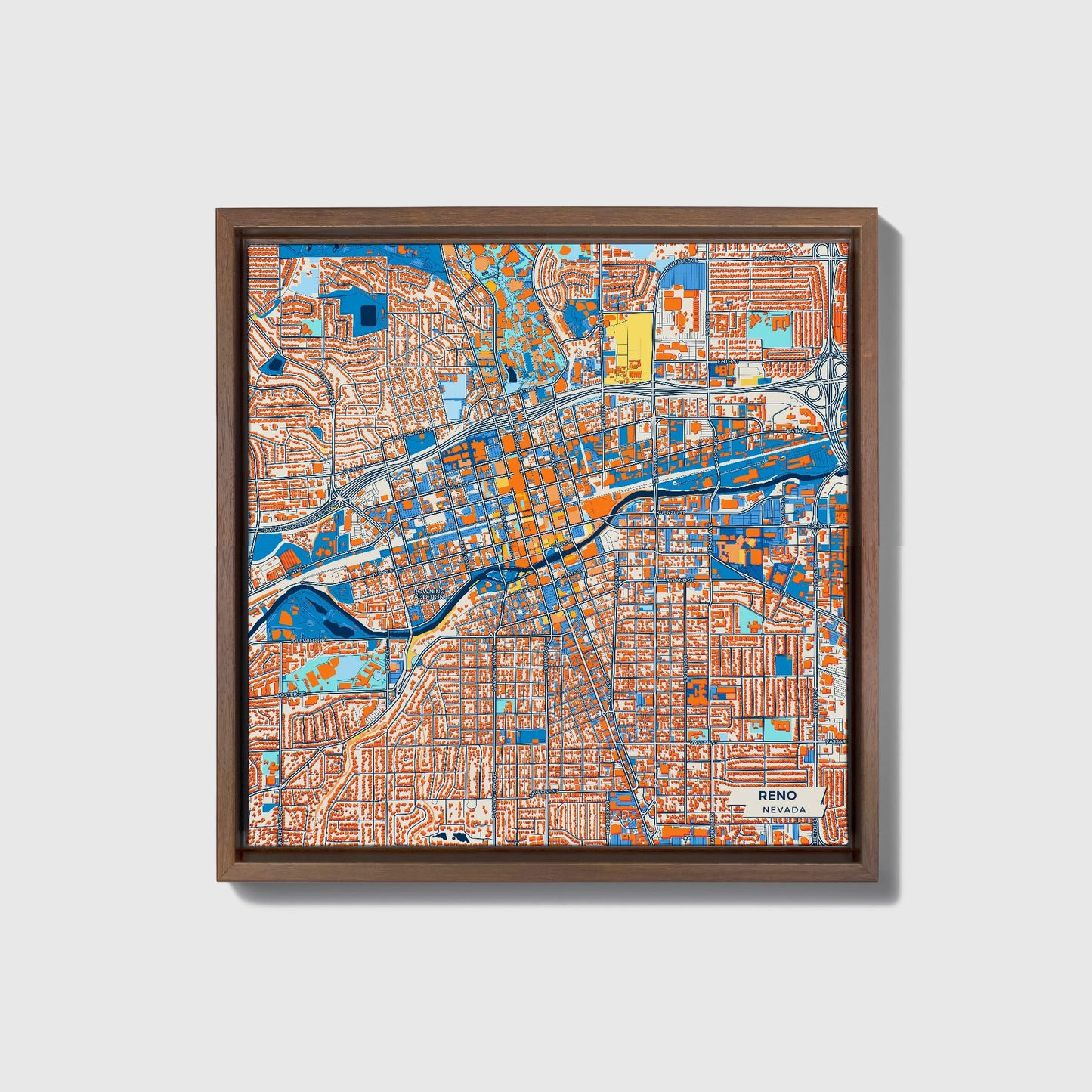 Reno Nevada Colorful City Map Canvas Print • Dark Wooden Framed