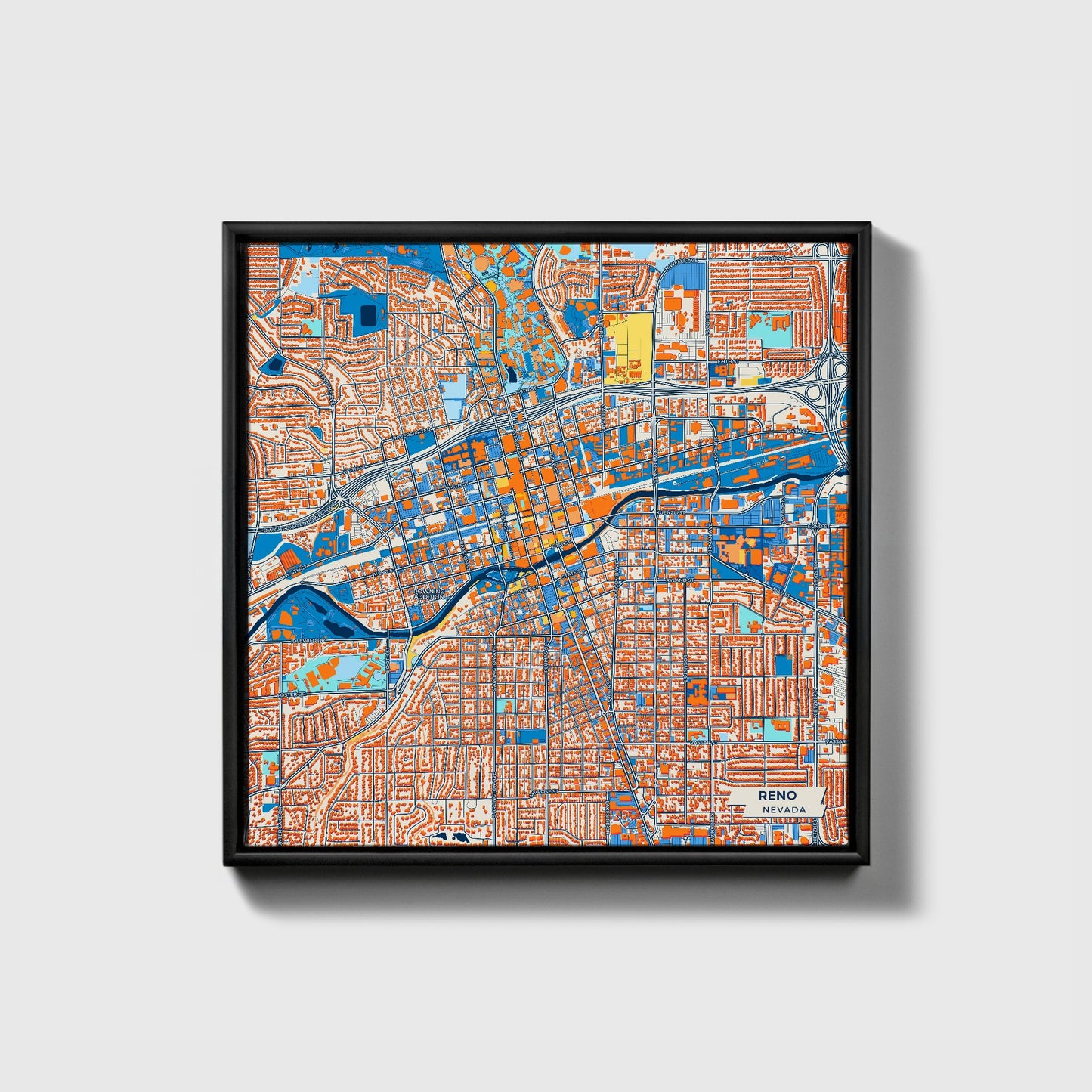 Reno Nevada Colorful City Map Canvas Print • Black Framed