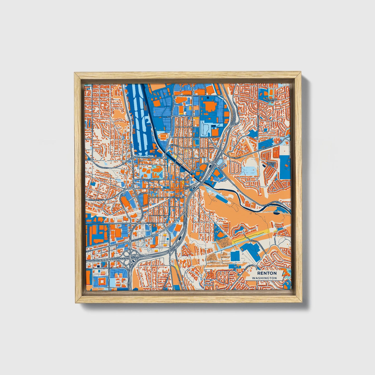 Renton Washington Colorful City Map Canvas Print • Natural Wooden Framed