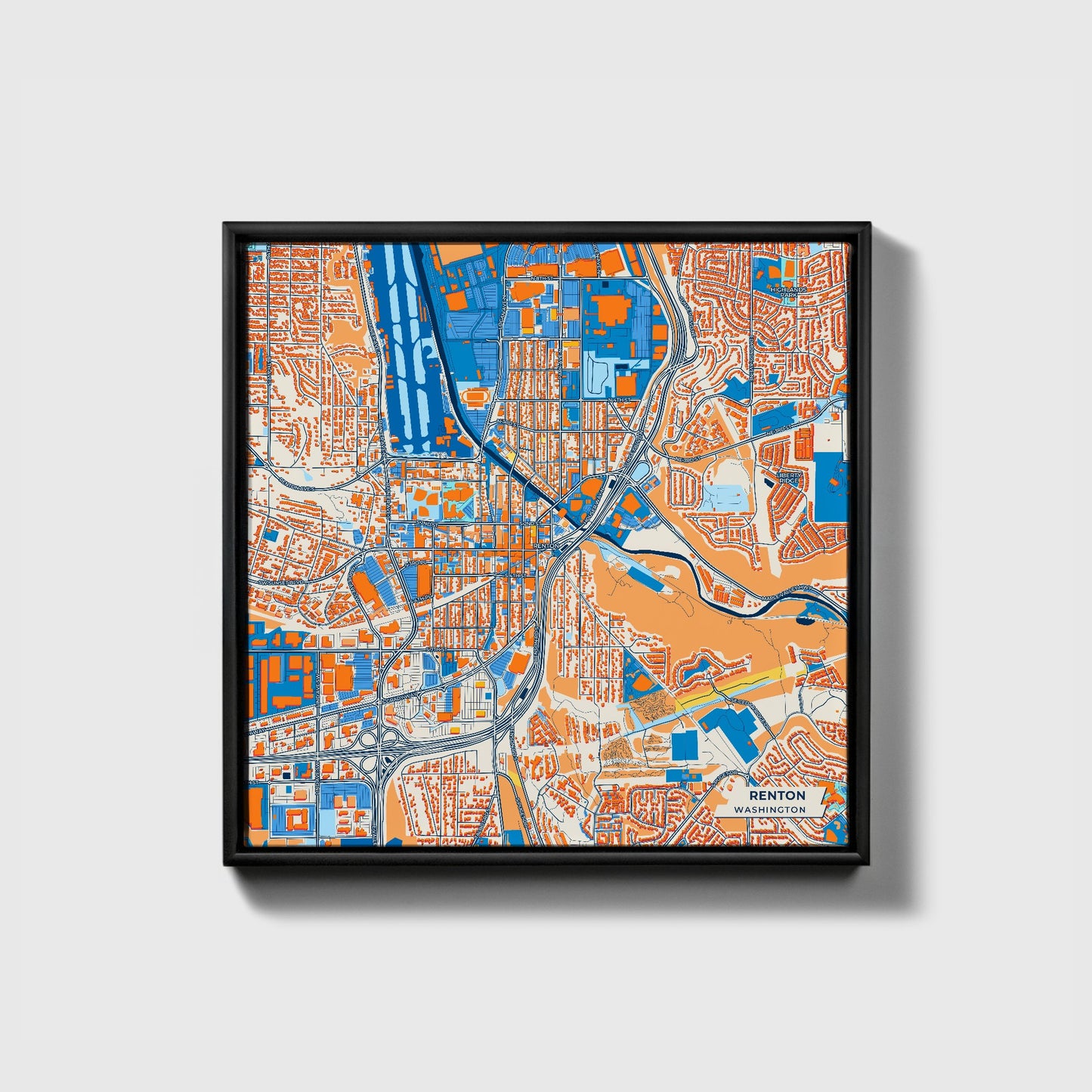 Renton Washington Colorful City Map Canvas Print • Black Framed