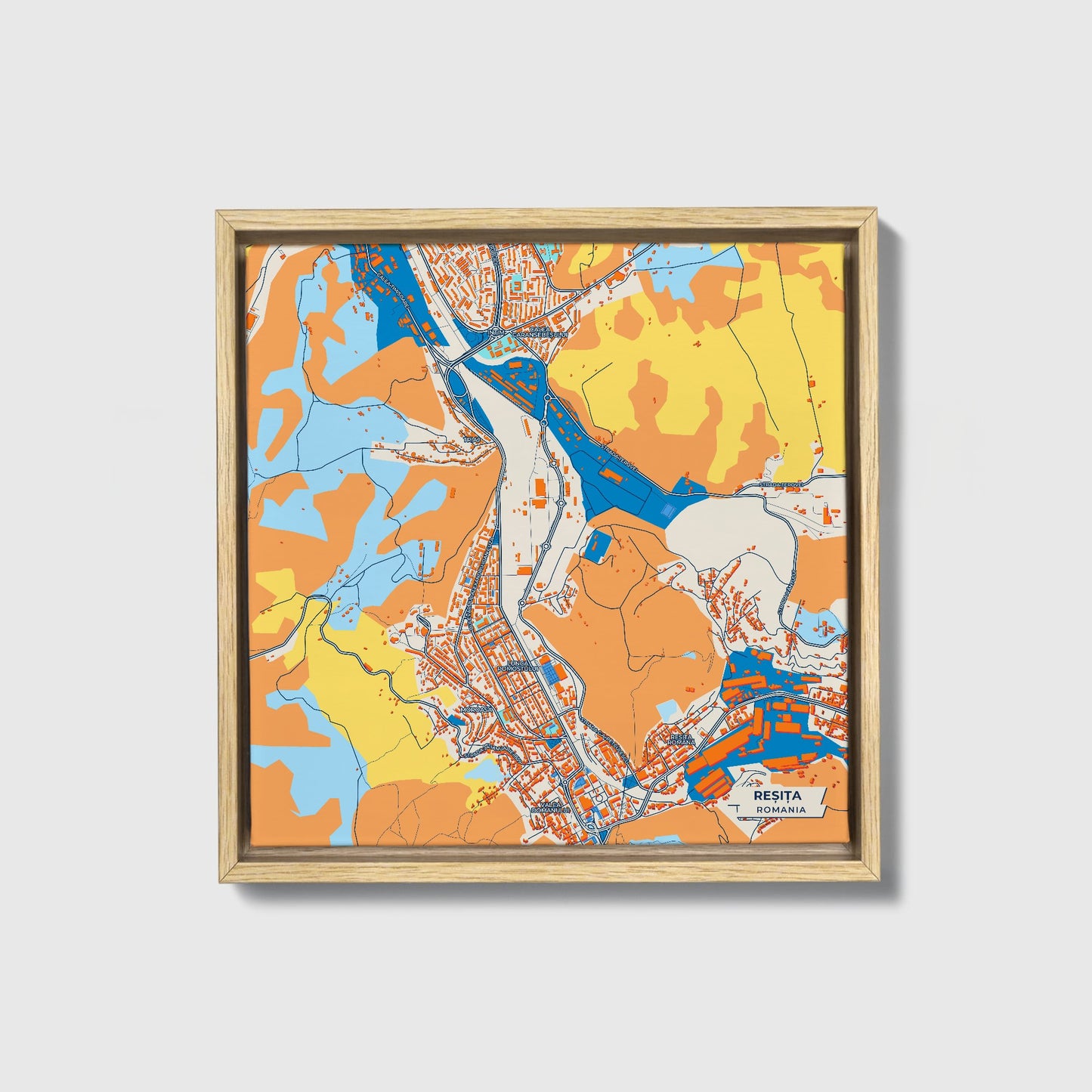 Reșița Romania Colorful City Map Canvas Print • Natural Wooden Framed
