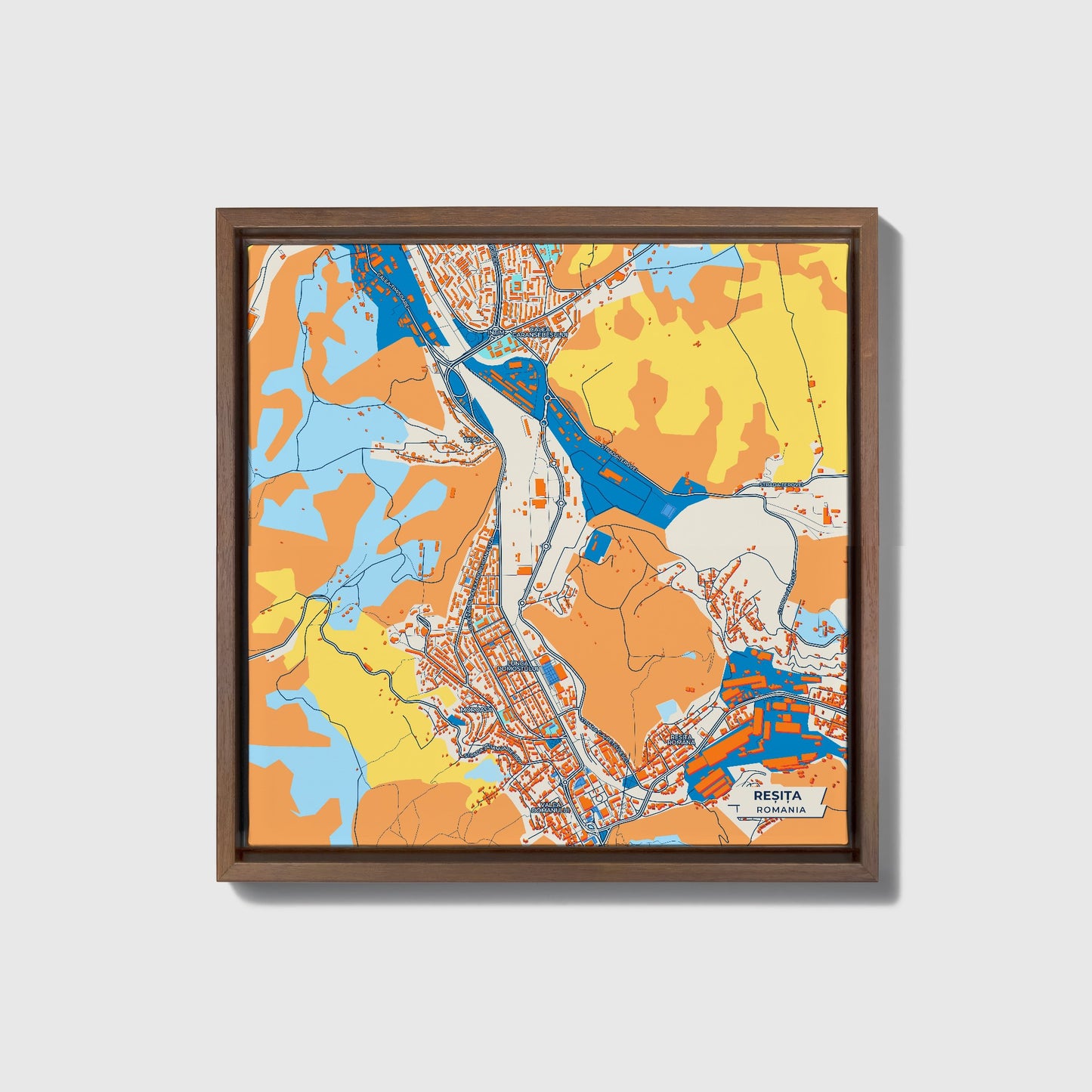 Reșița Romania Colorful City Map Canvas Print • Dark Wooden Framed