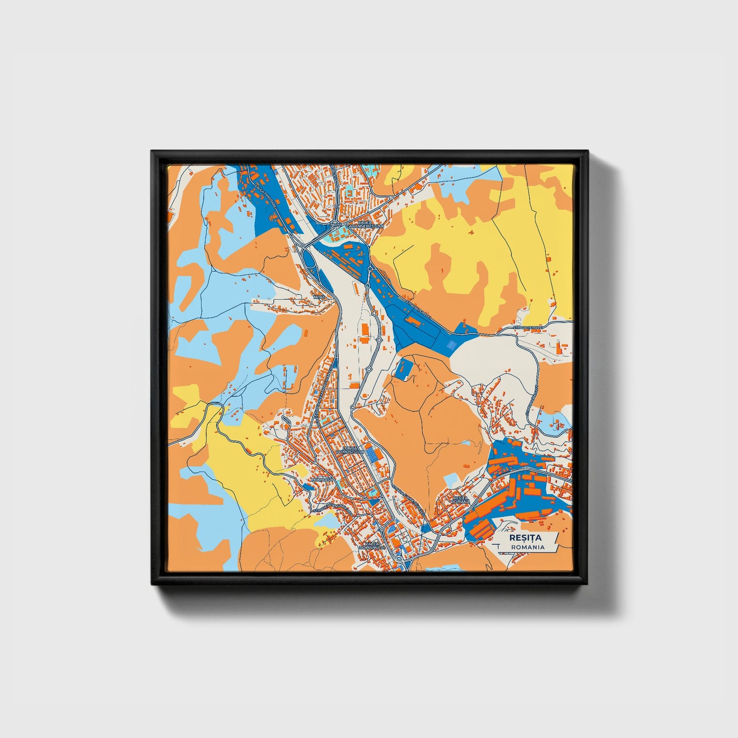 Reșița Romania Colorful City Map Canvas Print • Black Framed