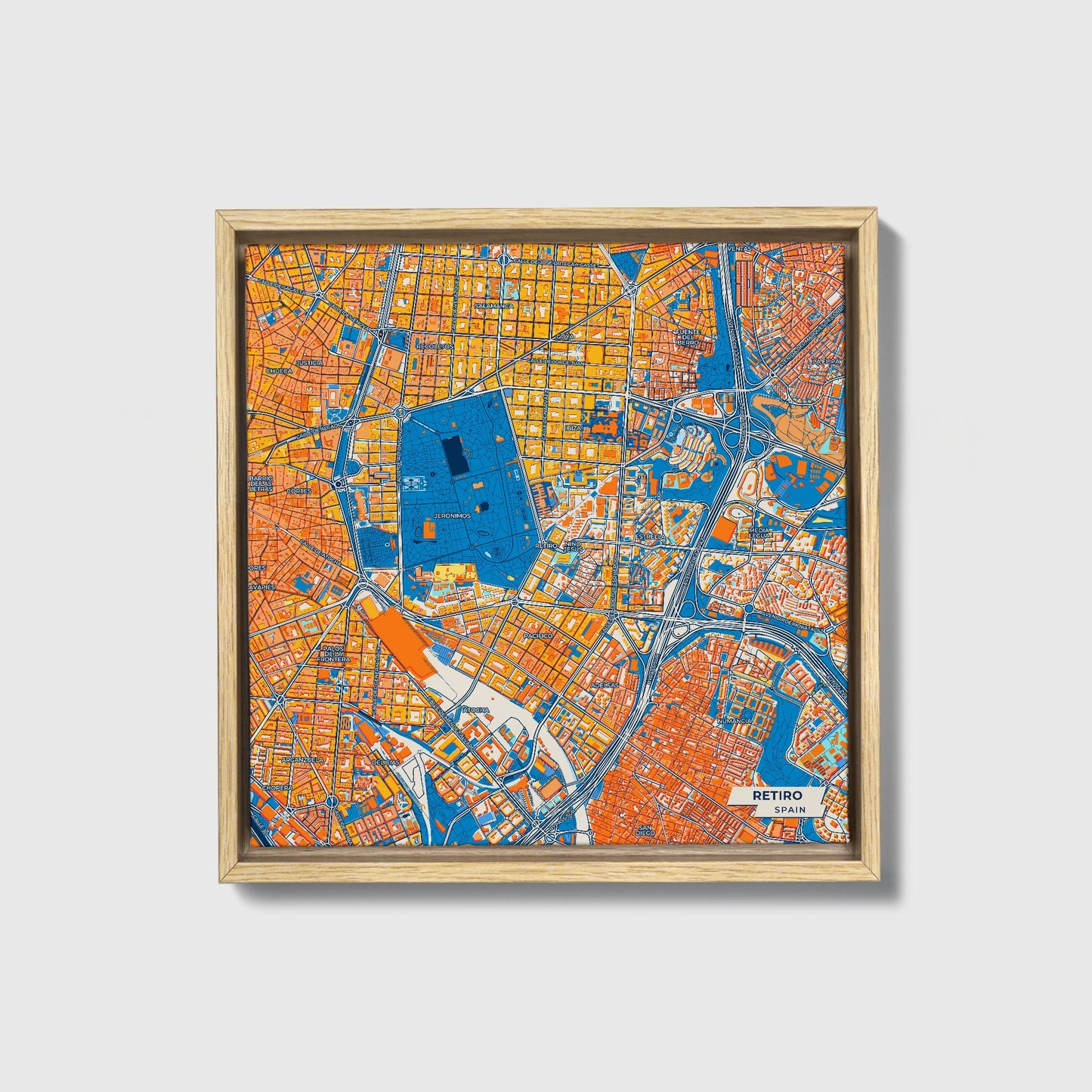 Retiro Spain Colorful City Map Canvas Print • Natural Wooden Framed
